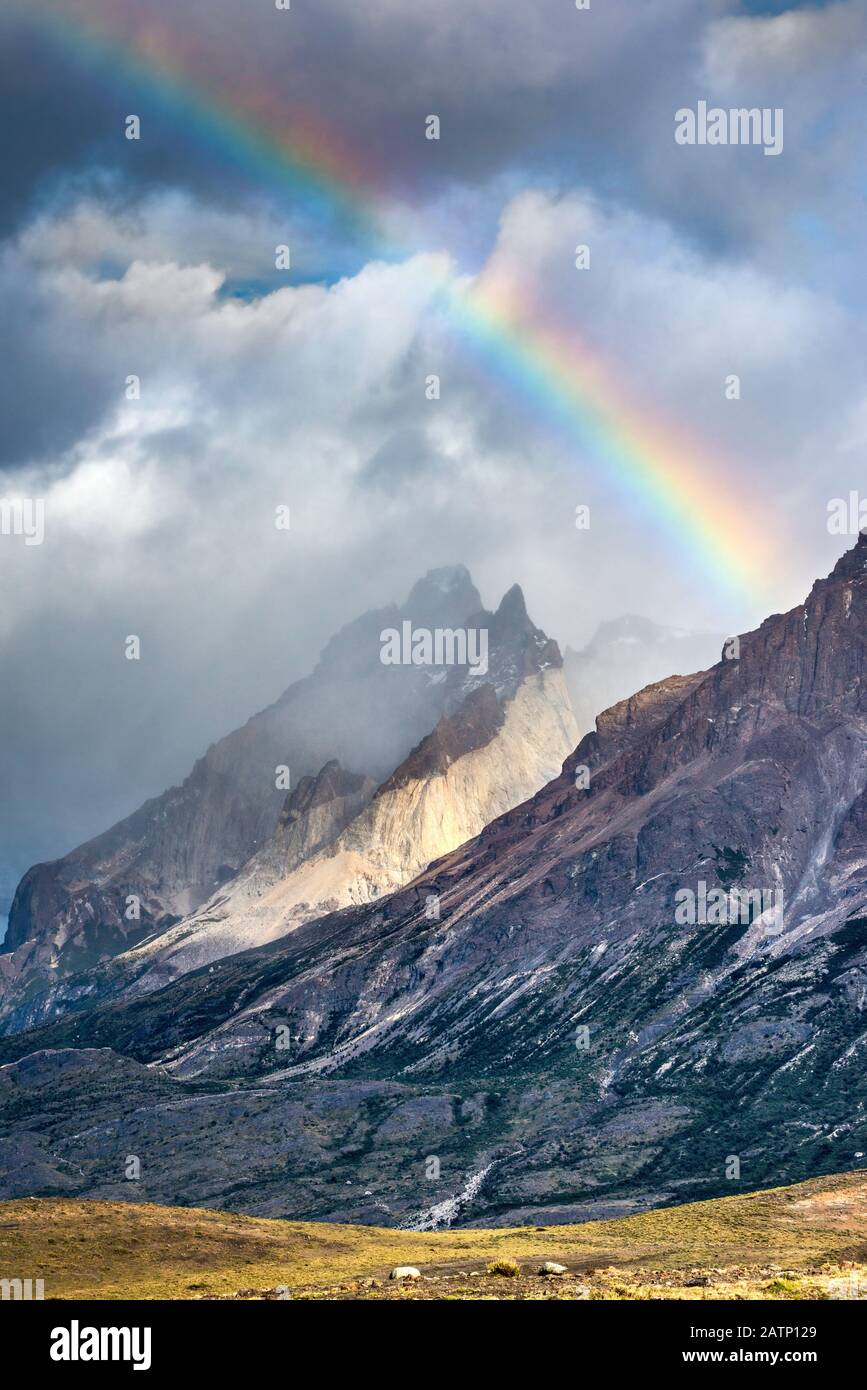 Rainbow over Cuernos del Paine, Torres del Paine National Park, Patagonia, Chile Stock Photo