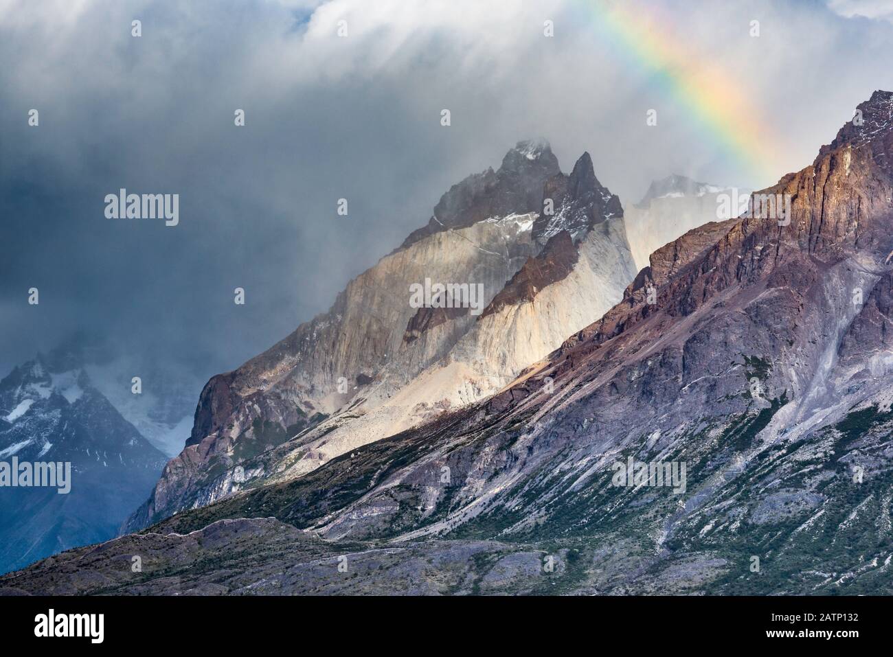 Rainbow over Cuernos del Paine, Torres del Paine National Park, Patagonia, Chile Stock Photo