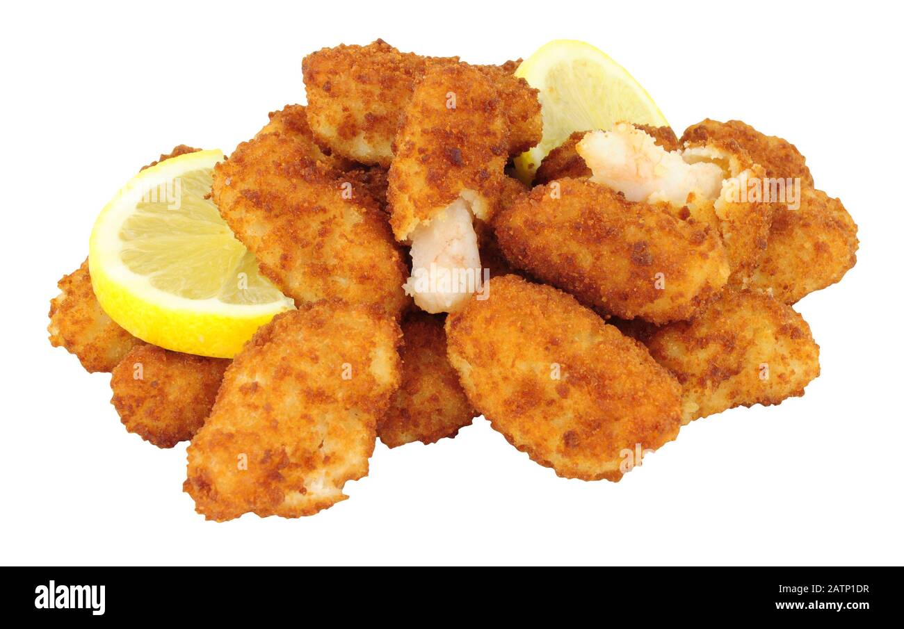 Breadcrumb covered fried scampi isolated on a white background Stock