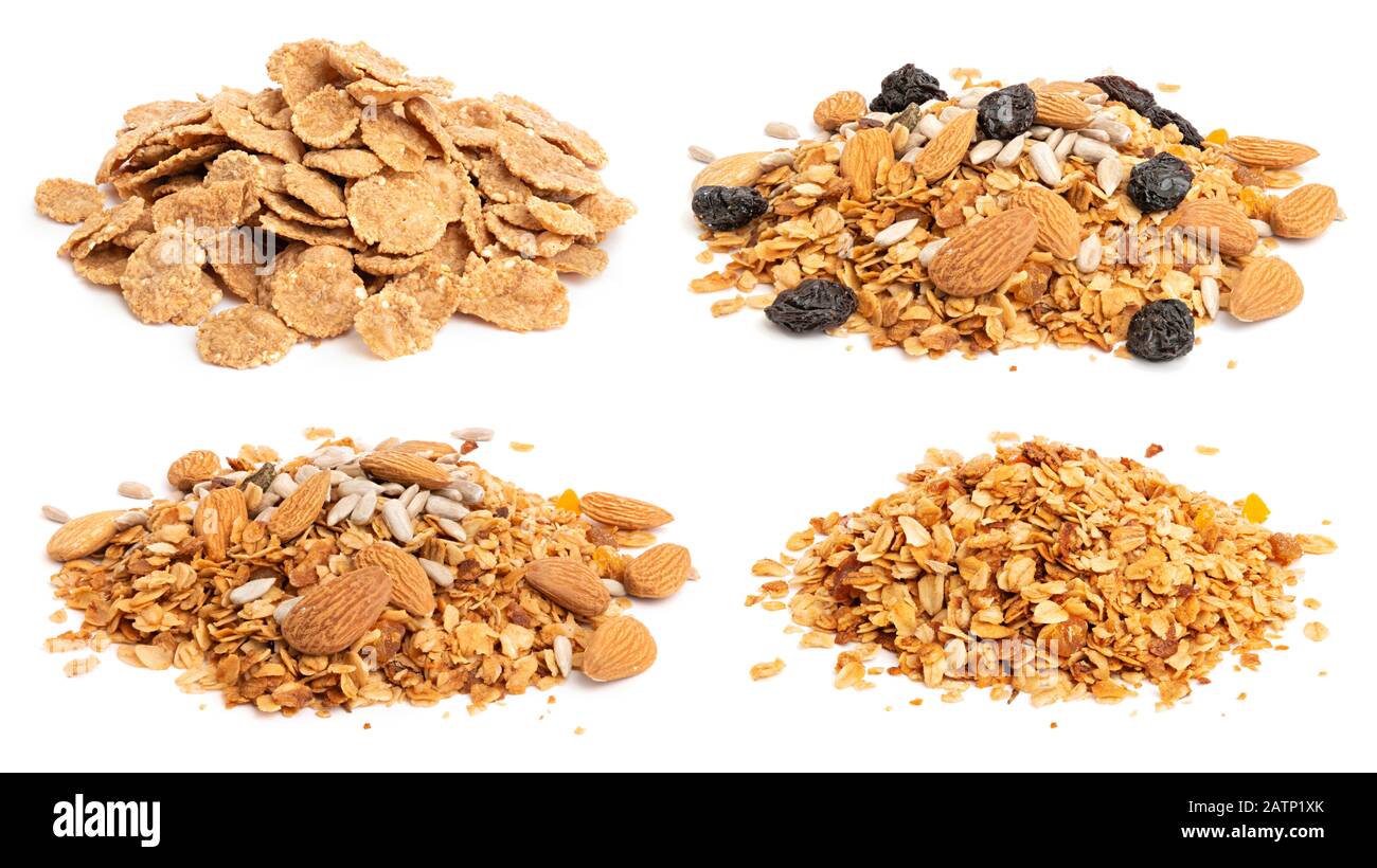 Collection of heaps of muesli, flakes and granola with raisins, seeds