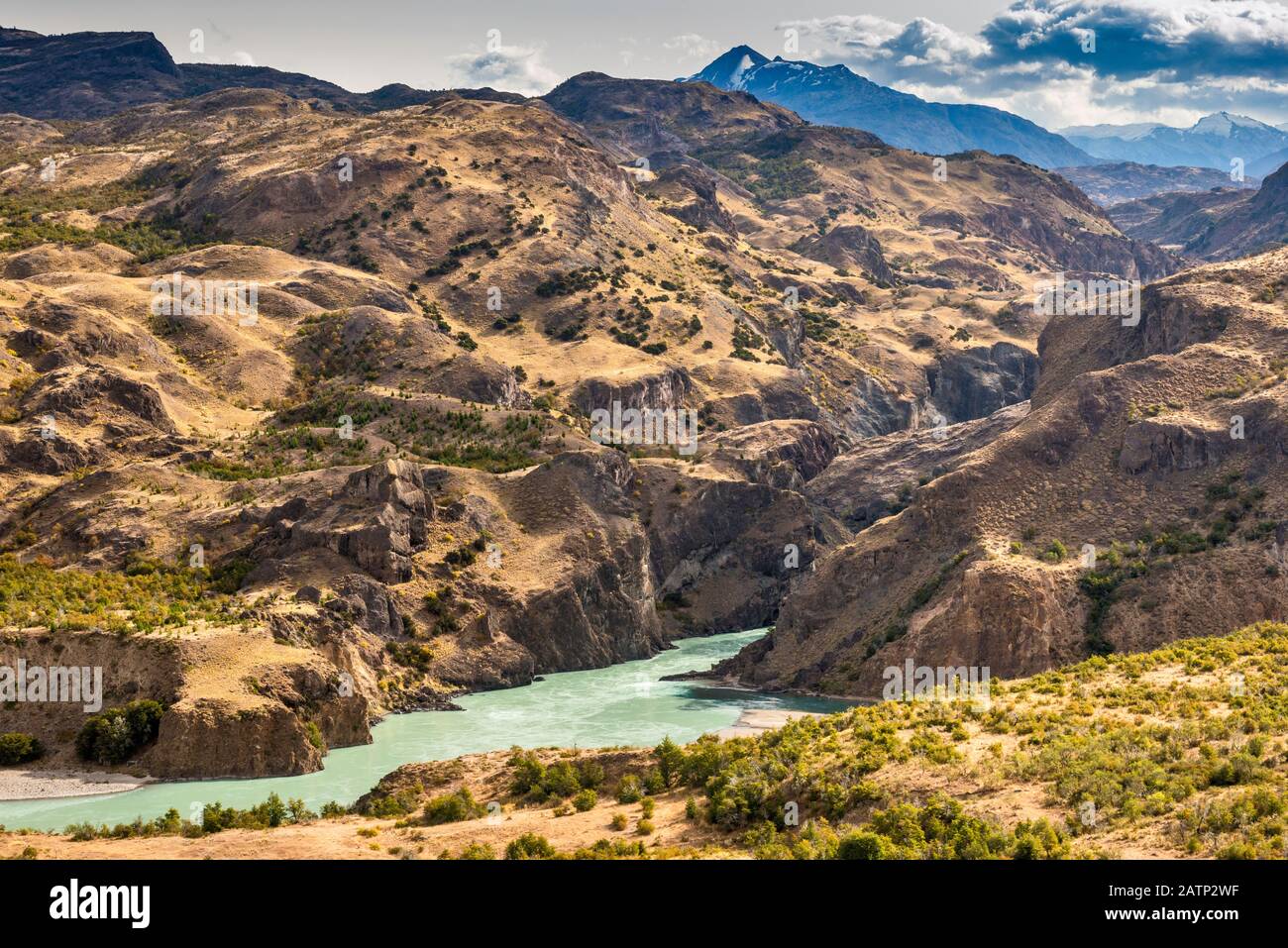 Rio Baker at confluence with small Rio Chacabuco, view from Carretera Austral, Chacabuco Valley area, future Patagonia National Park, Chile Stock Photo