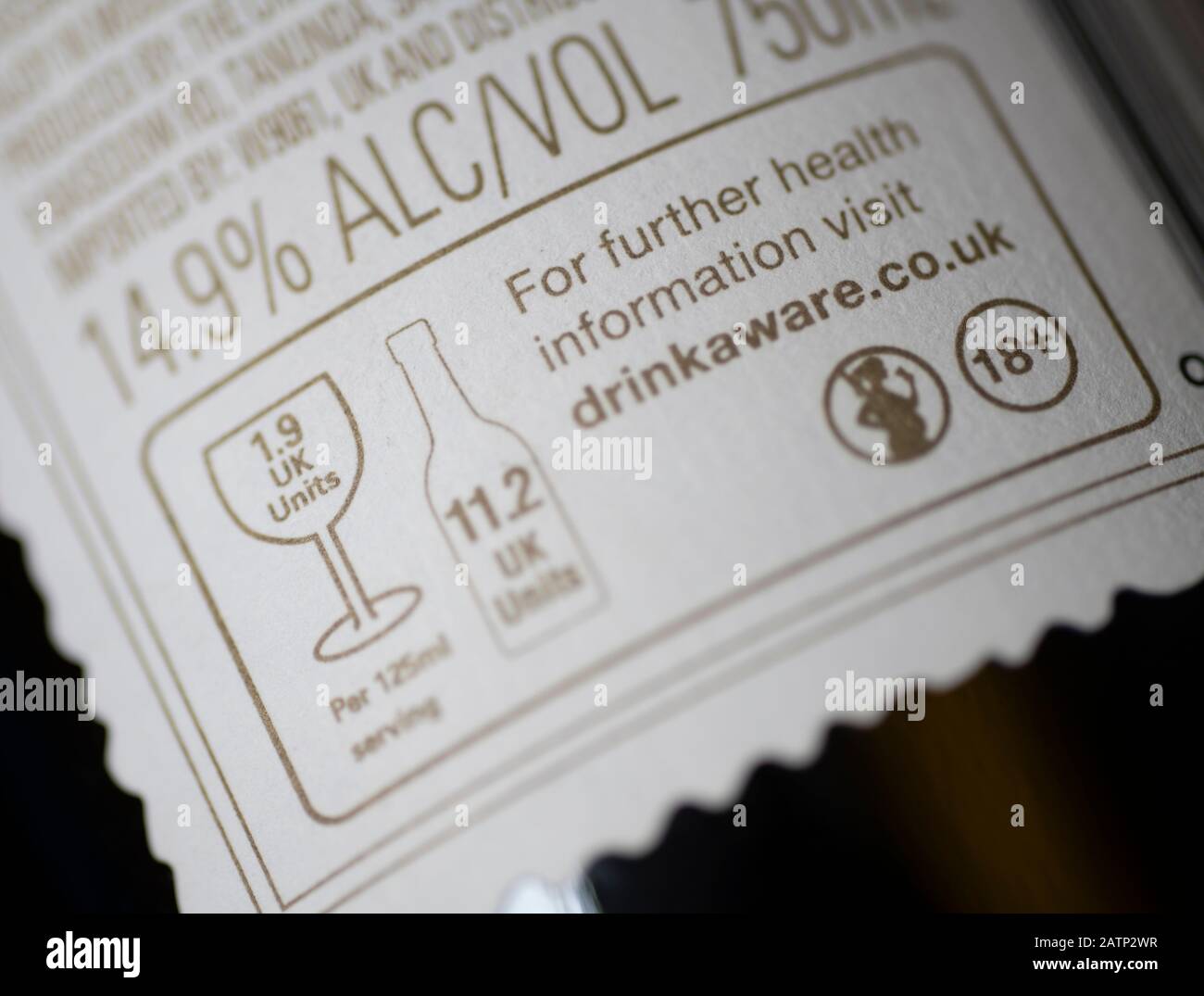Wine label back with UK Units of alcohol information panel. Stock Photo