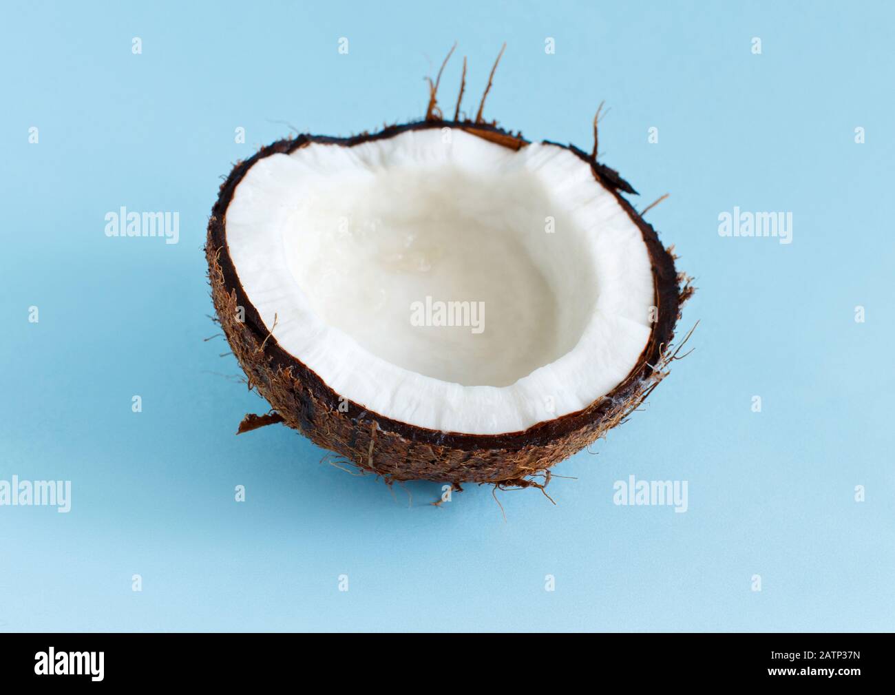 Coconut piece on a light blue background close up Stock Photo