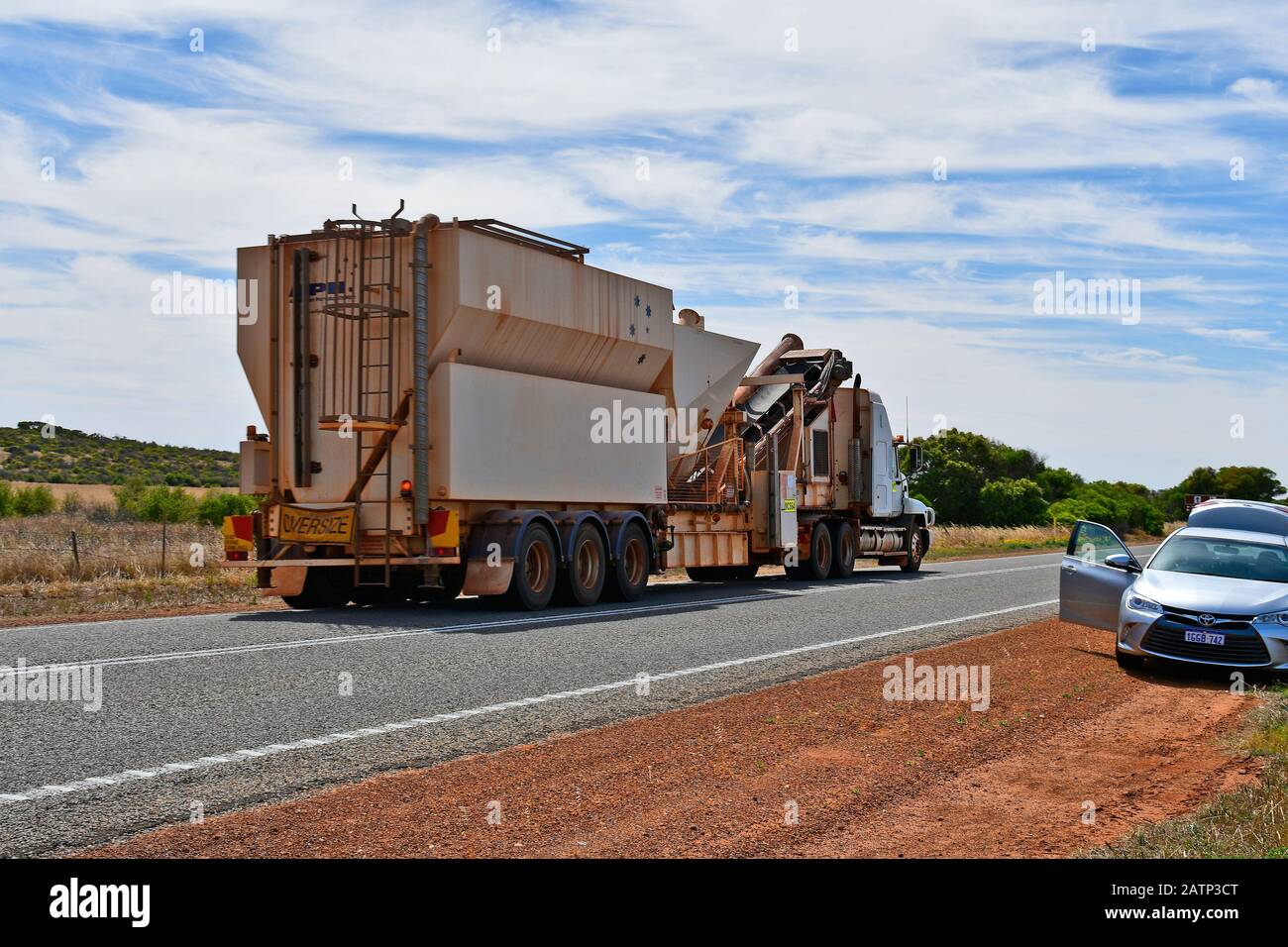 Greenough, WA, Australia - November 24, 2017: Oversize transport on truck on Brand highway in Western Australia Stock Photo