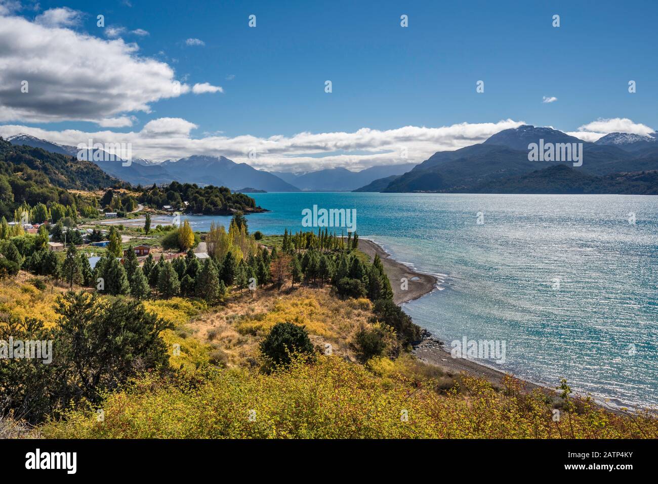 Village of Puerto Rio Tranquilo at Lago General Carrera near Marble Caves, Carretera Austral highway, Aysen Region, Patagonia, Chile Stock Photo