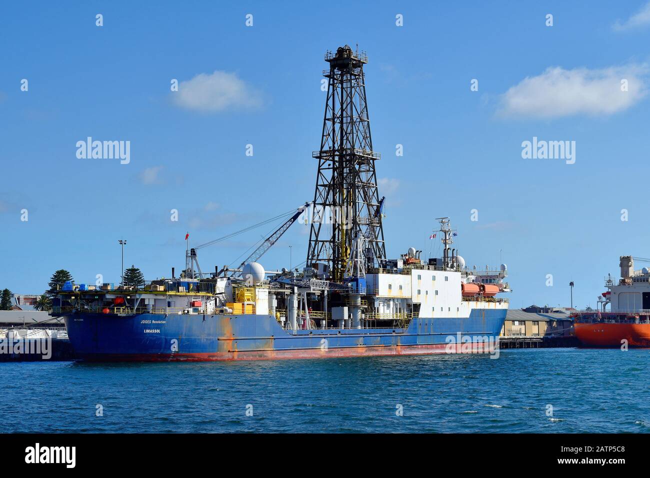 Perth, WA, Australia - November 27, 2017: Drill ship on pier at Fremantle harbor Stock Photo
