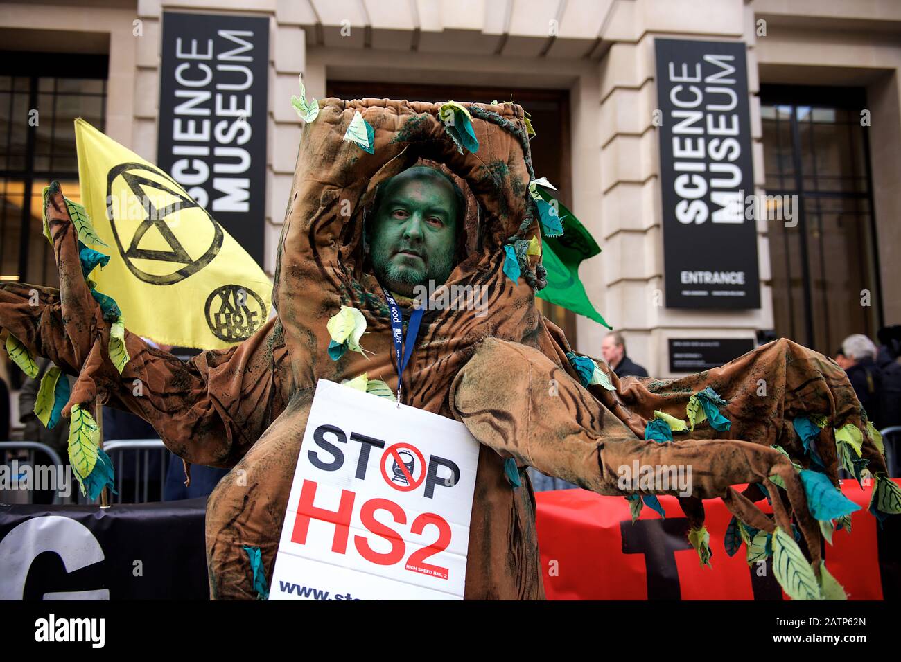 London, UK. 4th Feb 2020. Stop HS2 Campaign Protests continue in London, this was at the launch event for upcoming climate crisis talks, COP26, in the UK in November 2020. British Prime Minister Boris Johnson gave a speech which was much criticised for being an inadequate response to the scale of the crisis and showing a lack of urgency with his carbon neutral by 2050 date, when the vast majority of climate scientists insist we need to act far sooner. Credit: Gareth Morris/Alamy Live News Stock Photo