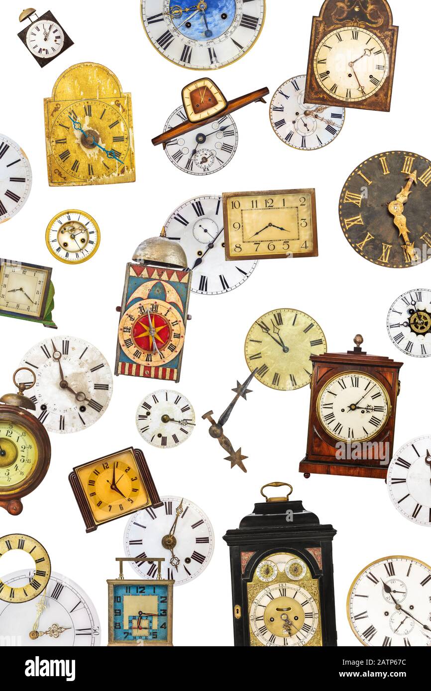 Collection of different vintage table clocks and clock faces isolated ...