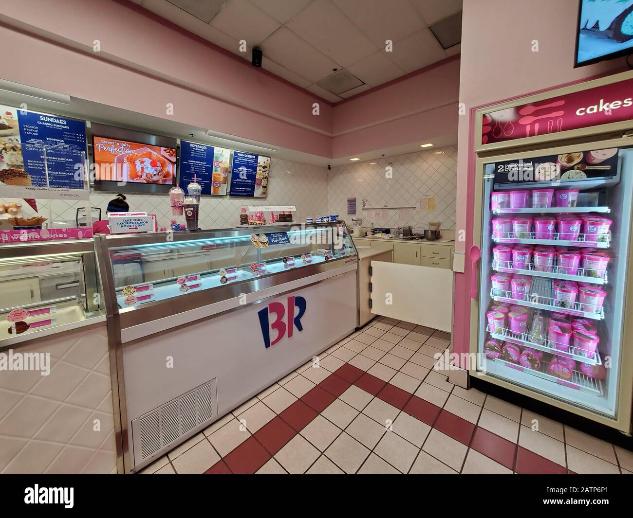 Wide angle of interior Baskin Robbins ice cream store, San Ramon