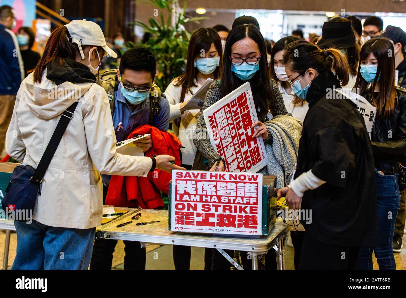 Hospital workers hand-in signed petitions during the strike in Hong Kong.Hong Kong hospital staff strike to demand closure of China border amid coronavirus fears. Stock Photo