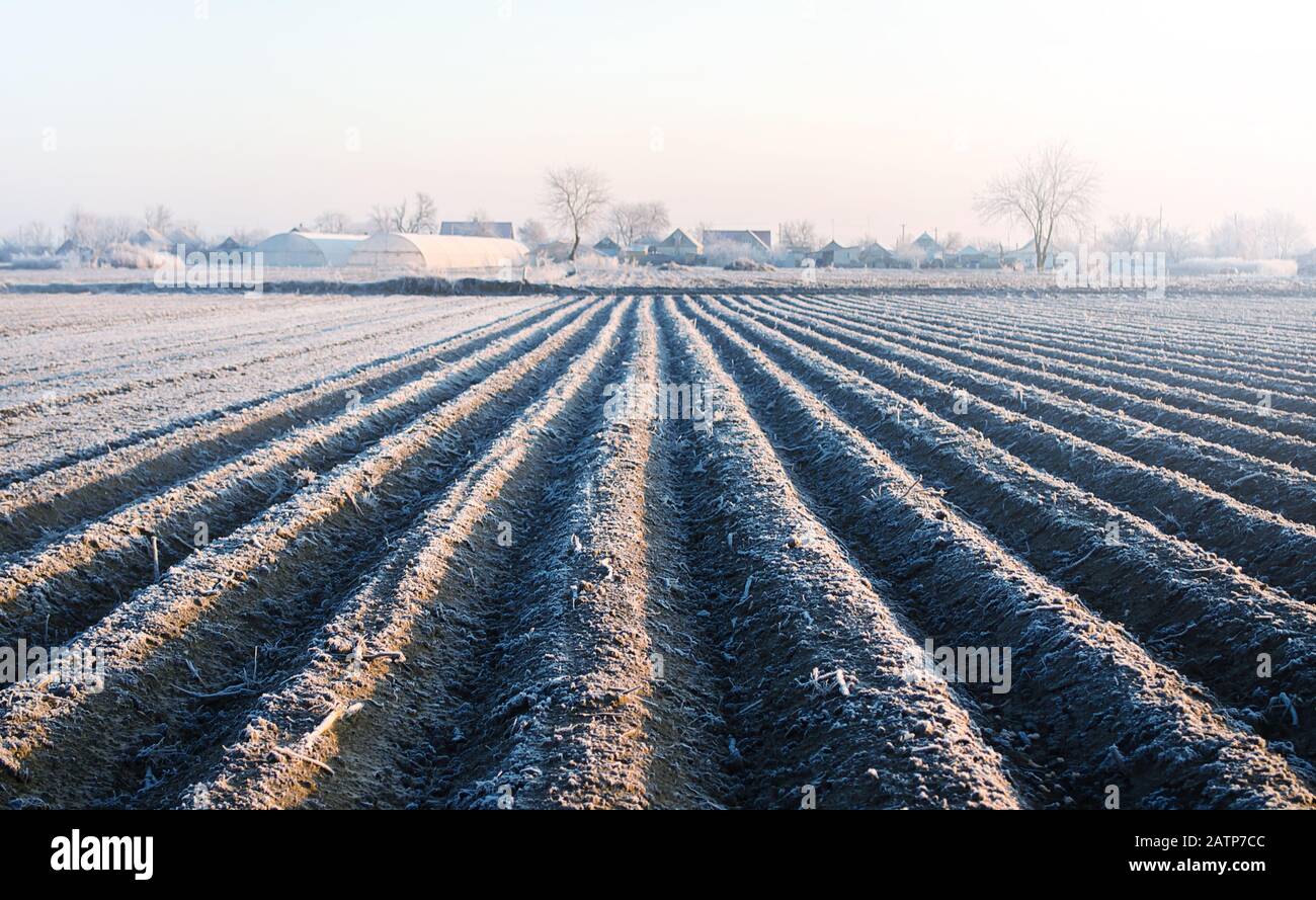 Winter farm field ready for new planting season. Preparatory agricultural work for spring. Agriculture and agribusiness. Choosing right time for sow f Stock Photo