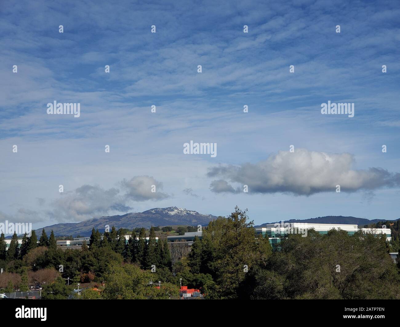 Snow is visible atop Mount Diablo, a rare occurrence, San Ramon, California, January 17, 2020. () Stock Photo