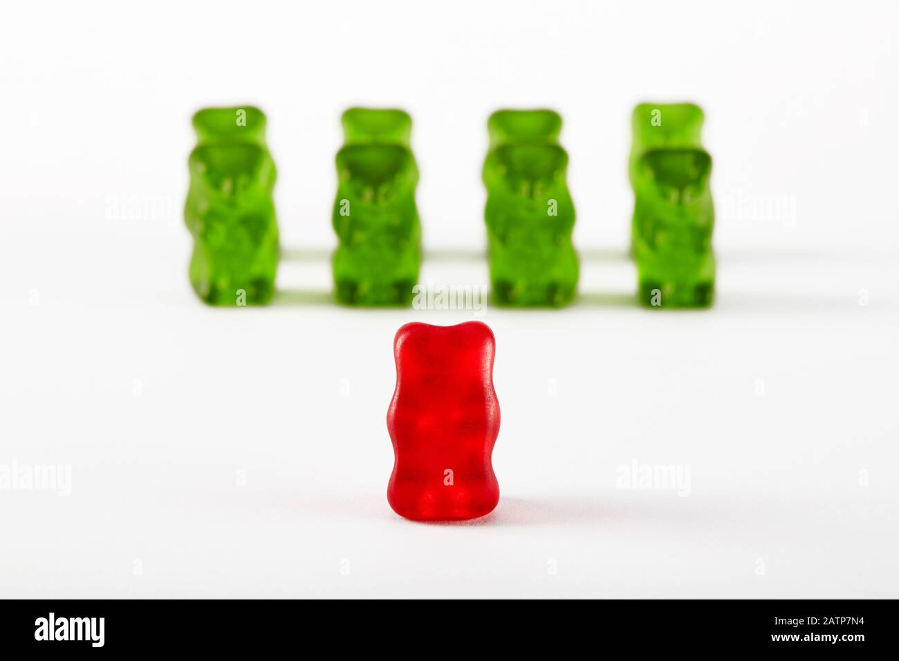 Gummy bear candies designed as a military troop. Commander leader inspecting the troops. Stock Photo
