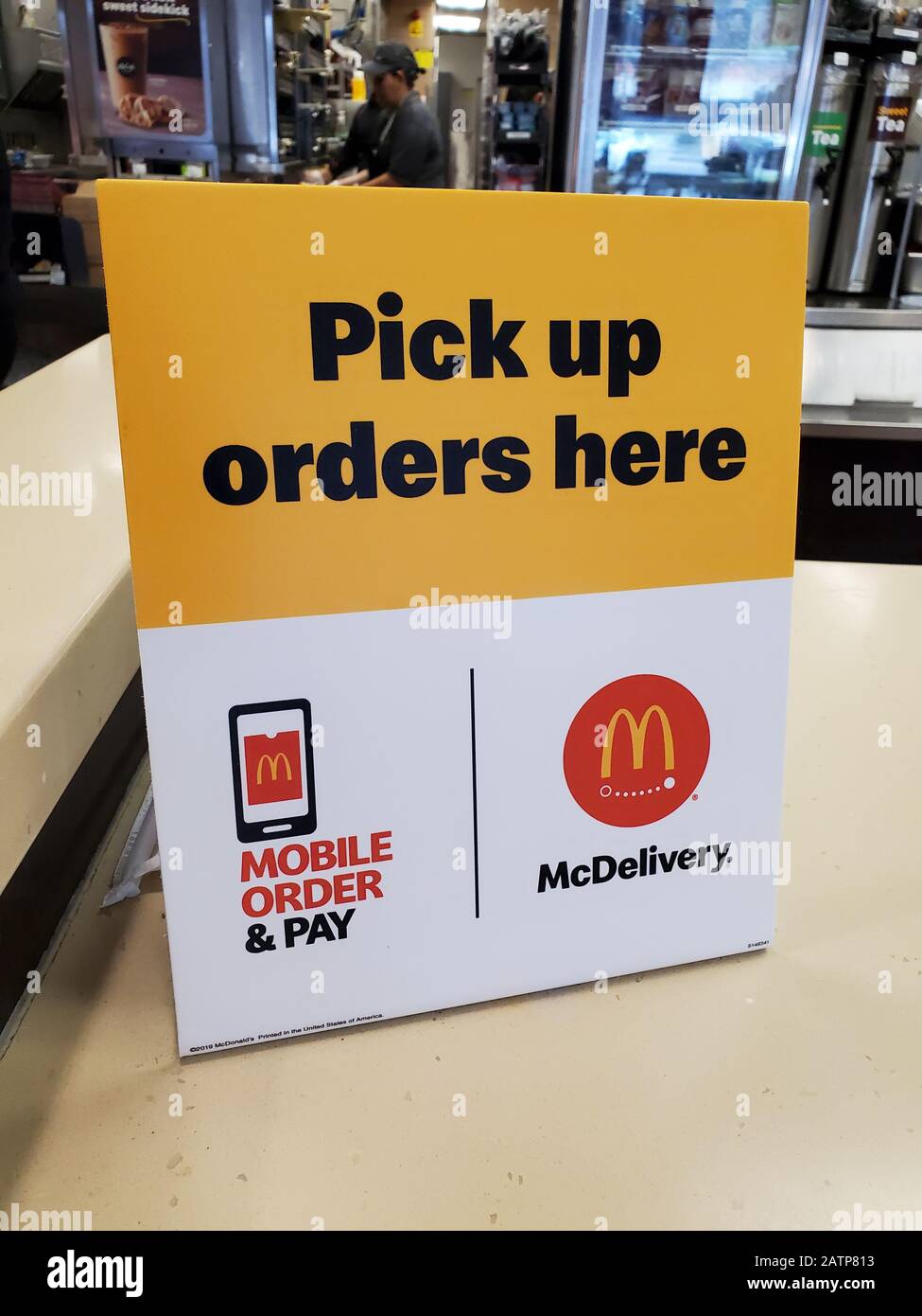 Close-up of order pickup area for McDelivery food delivery service at McDonald's restaurant in San Ramon, California, January 21, 2020. () Stock Photo