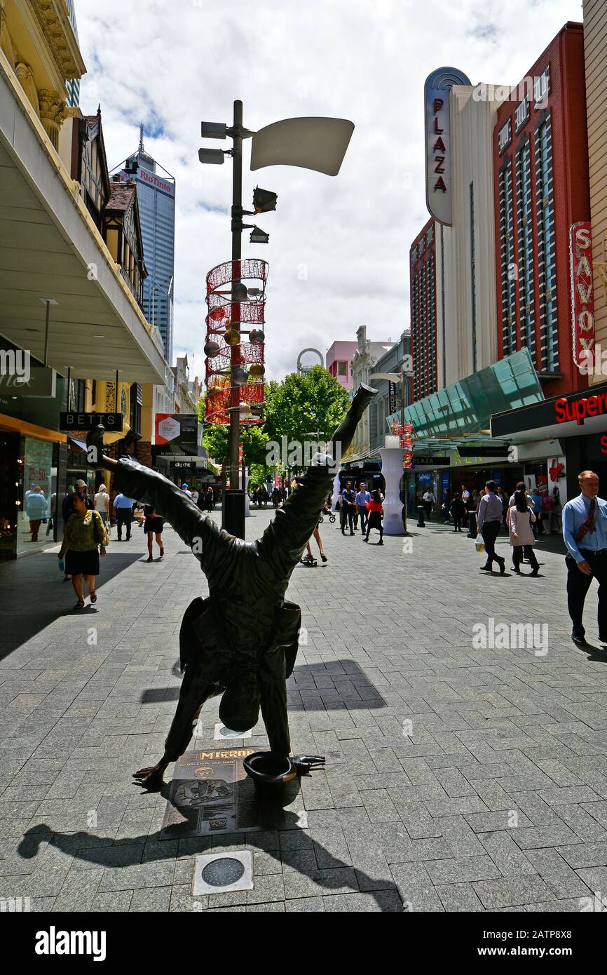 Perth, WA, Australia - November 28, 2017: Unidentified people and sculpture of a street artist on Hay Street in downtown of the capital in Western Aus Stock Photo