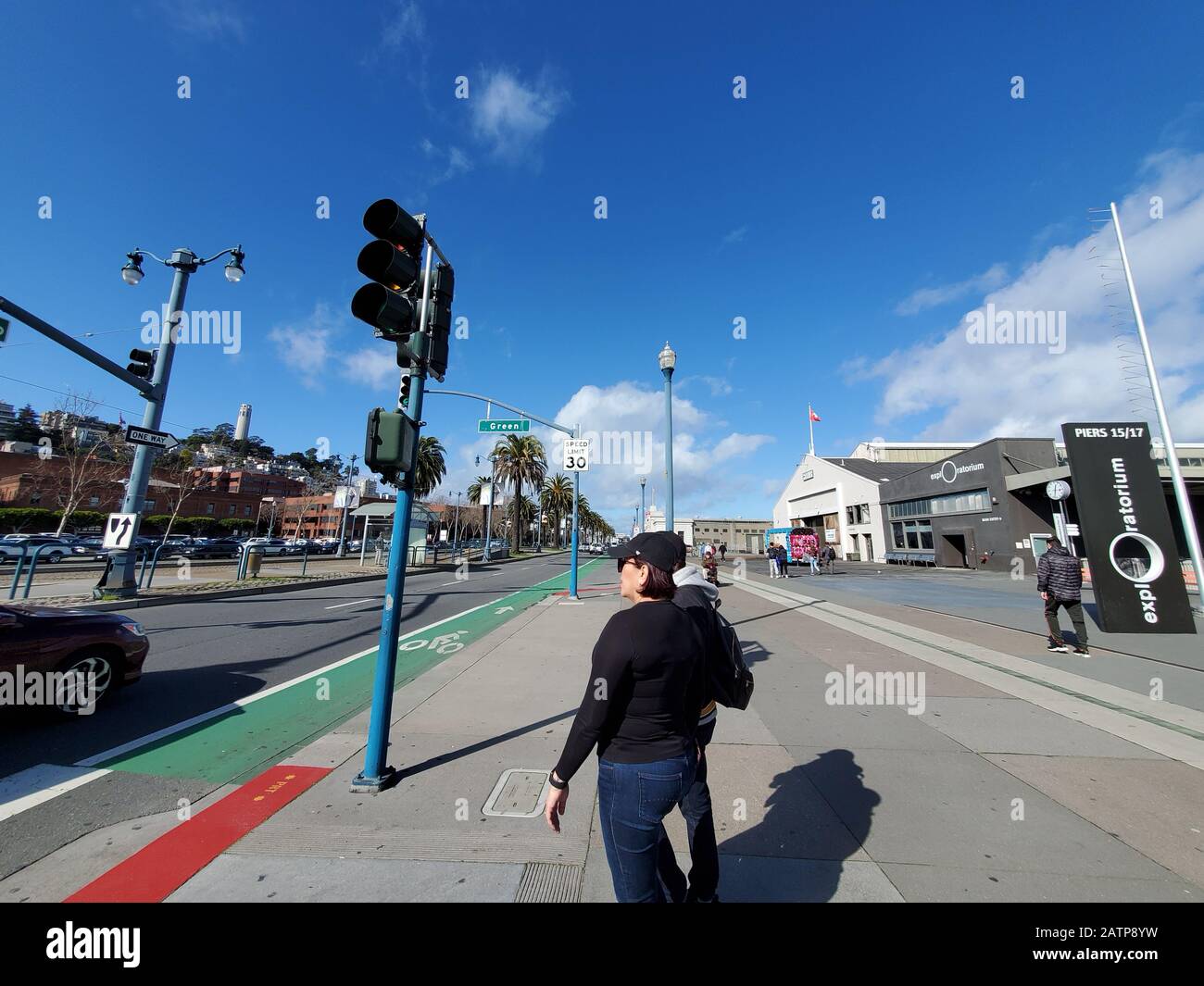 People walk past piers, wide angle, in the Embarcadero neighborhood of San Francisco, California, January 26, 2020. () Stock Photo