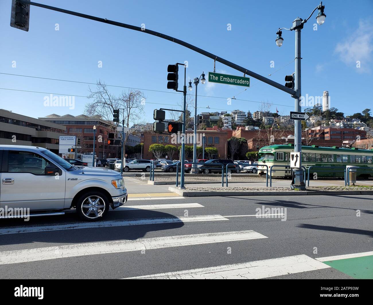 Road sign for the Embarcadero is visible in the Embarcadero neighborhood of San Francisco, California, January 26, 2020. () Stock Photo