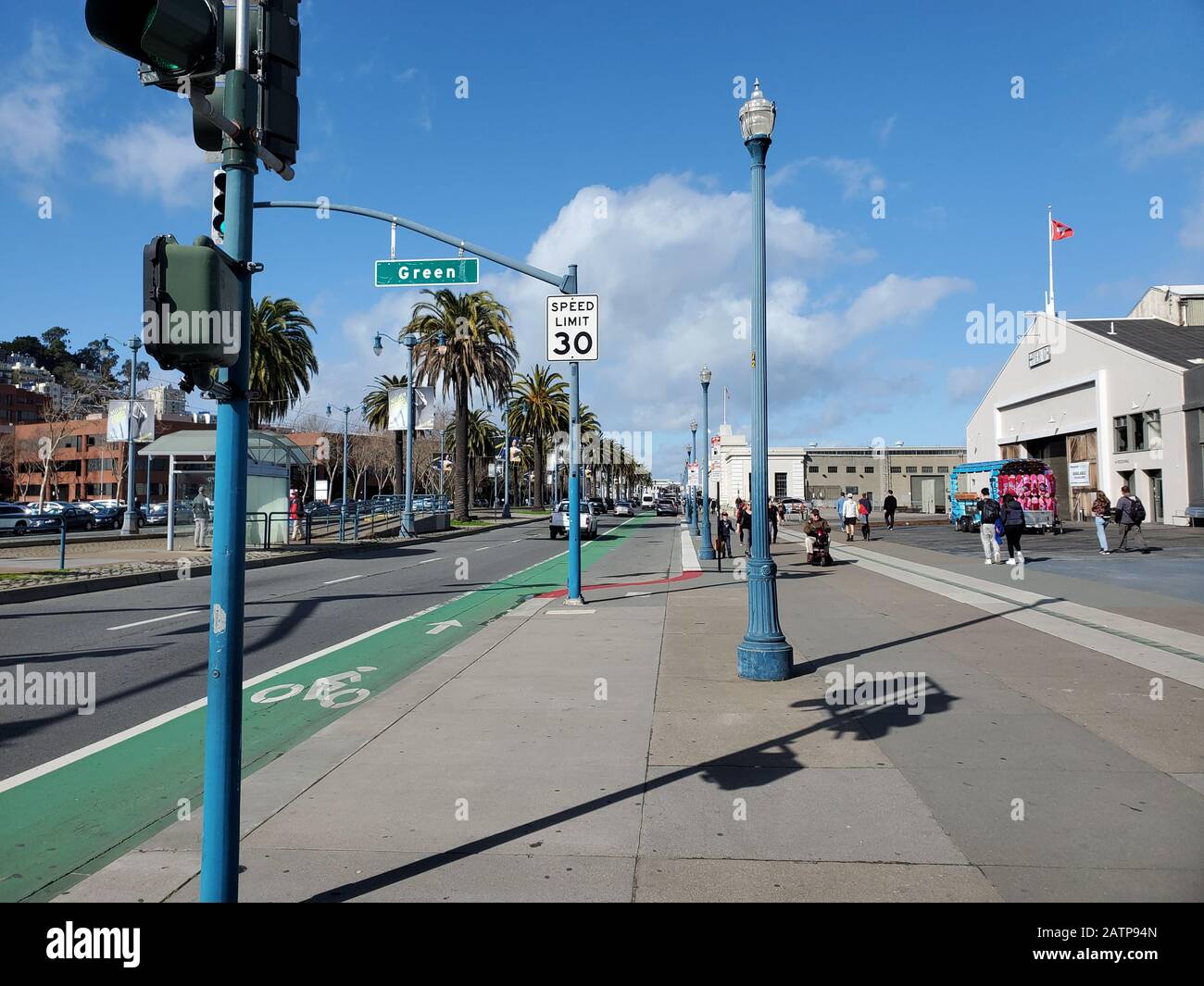 Walking paths beside water in the Embarcadero neighborhood of San Francisco, California, January 26, 2020. () Stock Photo