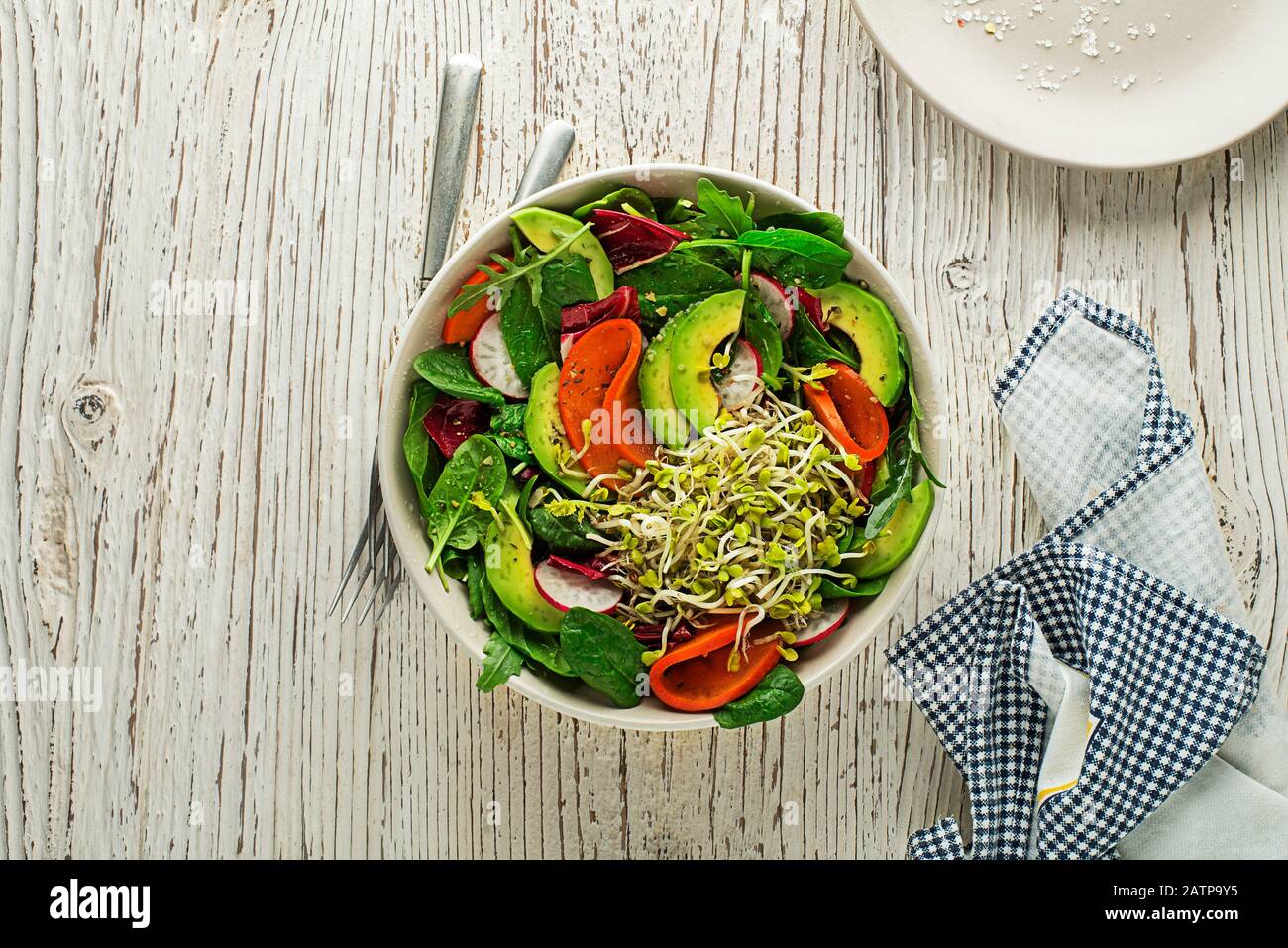 Healthy green salad meal with alfalfa sprouts, avocado and fruit on wooden background Stock Photo