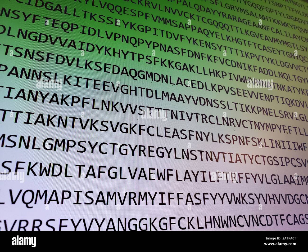 Close-up of letters displaying a portion of the genetic sequence of the novel Coronavirus which infected people beginning in Wuhan, China in 2020, on a computer screen, San Ramon, California, January 29, 2020. The release of the genetic sequence of the virus is a key step towards developing vaccines and other treatments. () Stock Photo