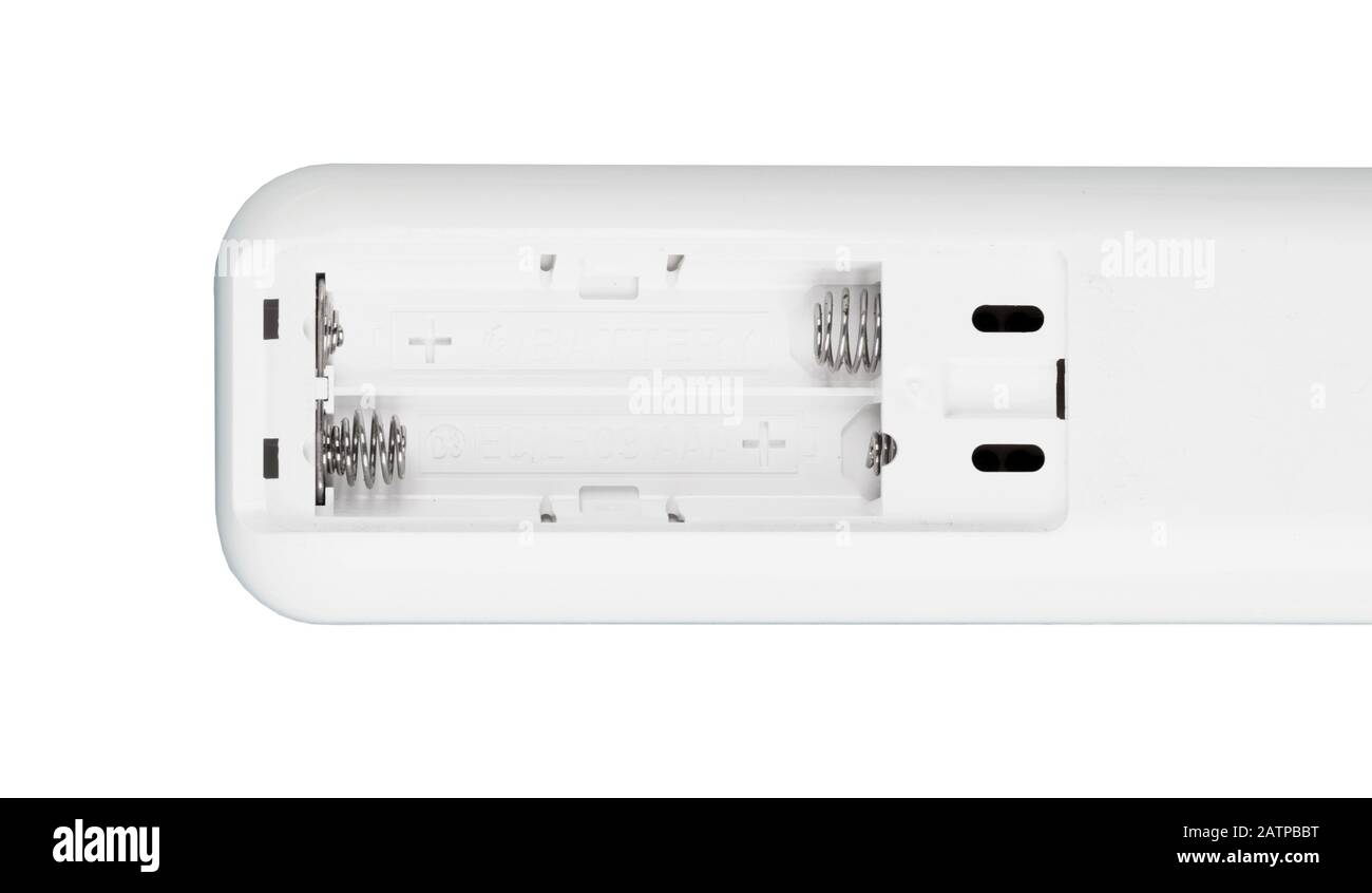 Remote control battery compartment, isolated over white, closeup Stock