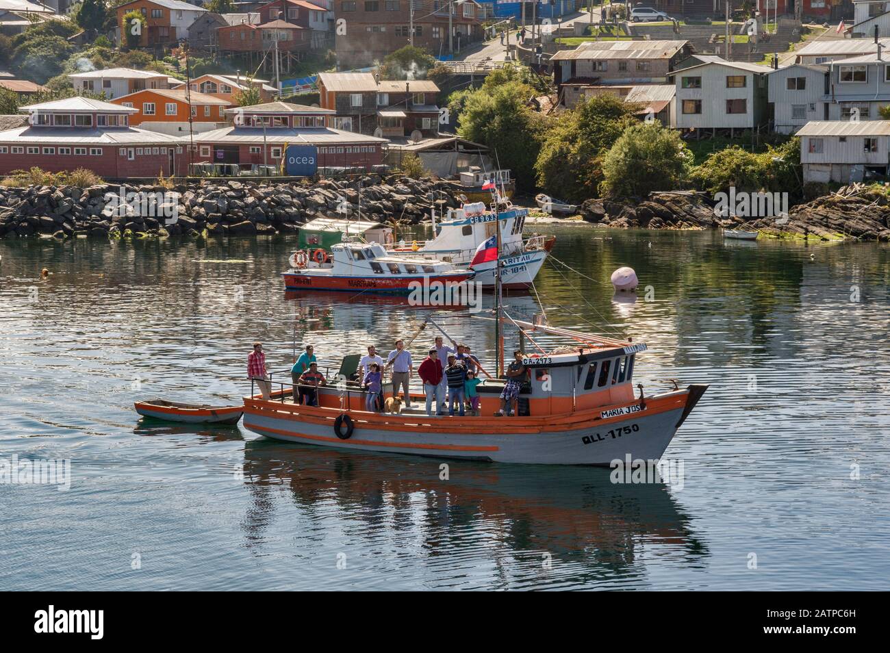 Boats in port of Melinka at Isla Ascension, Guaitecas Archipelago, Aysen Region, Patagonia, Chile Stock Photo