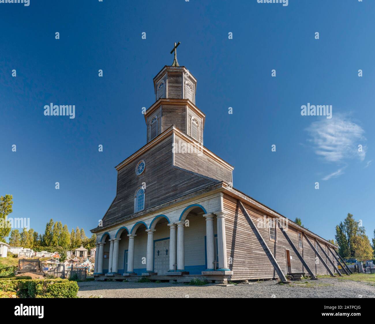 Iglesia de Senora de Gracia de Nercon, wooden church in Castro, Isla Grande de Chiloe, Los Lagos Region, Patagonia, Chile Stock Photo