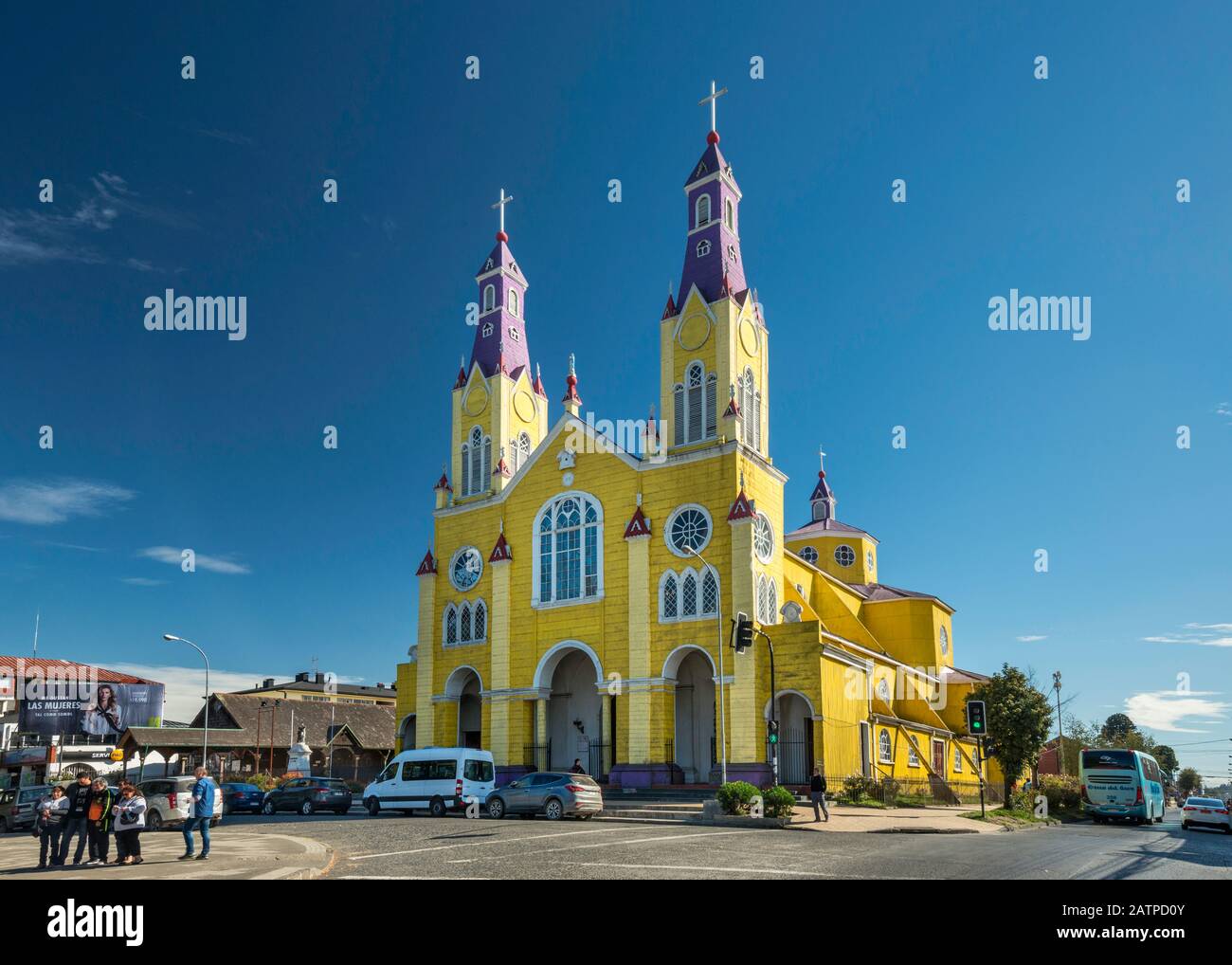 Iglesia San Francisco, church at Plaza de Armas  in Castro, Isla Grande de Chiloe, Los Lagos Region, Patagonia, Chile Stock Photo