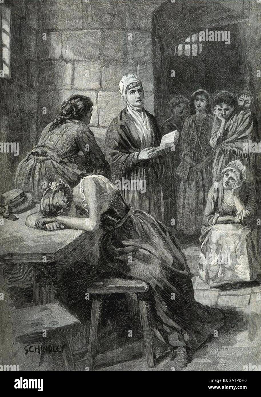ELIZABETH FRY (1780-1845) English prison reformer shown here reading to female inmates of Newgate prison Stock Photo