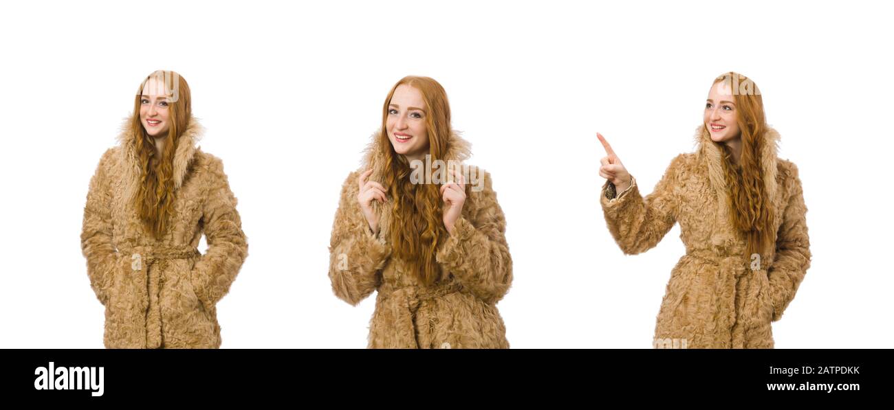 The redhead girl in fur coat isolated on white Stock Photo - Alamy