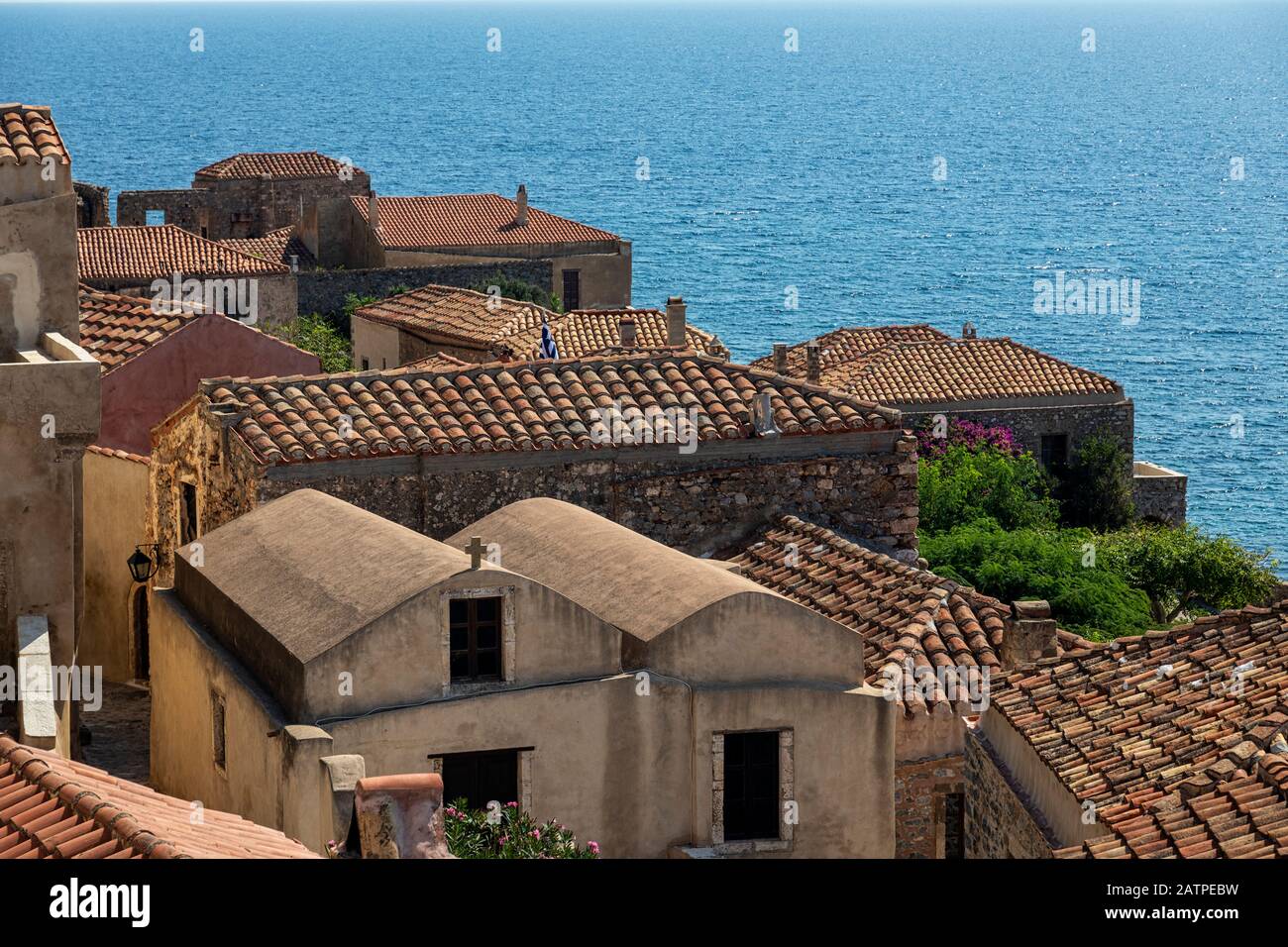 View of the old town of Monemvasia in Lakonia of Peloponnese, Greece. Stock Photo