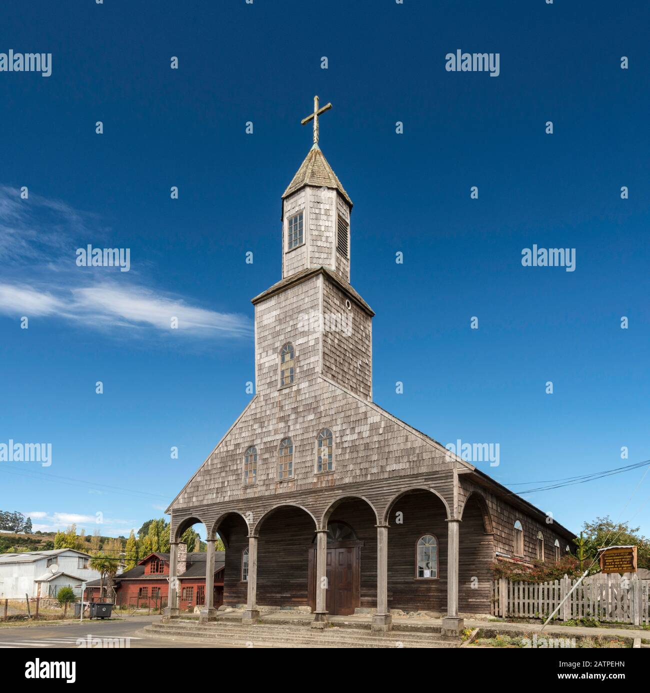 Iglesia Santa Maria de Loreto, shingled wooden church, 1740, in Achao at Isla Quinchao, Chiloe Archipelago, Los Lagos Region, Patagonia, Chile Stock Photo