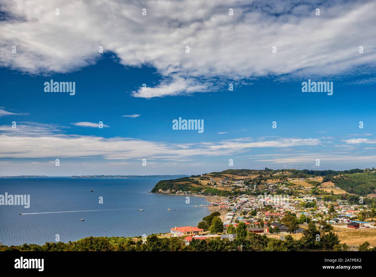 General view of town of Achao at Isla Quinchao, Chiloe Archipelago, Los Lagos Region, Patagonia, Chile Stock Photo