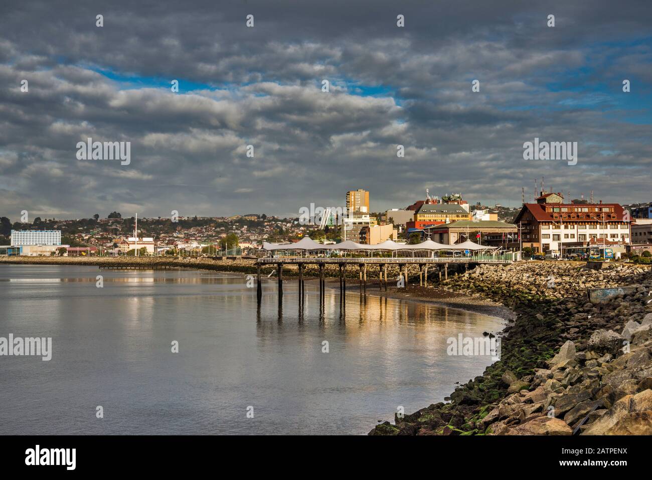 Muelle, pier at waterfront in Puerto Montt, Los Lagos Region, Patagonia, Chile Stock Photo