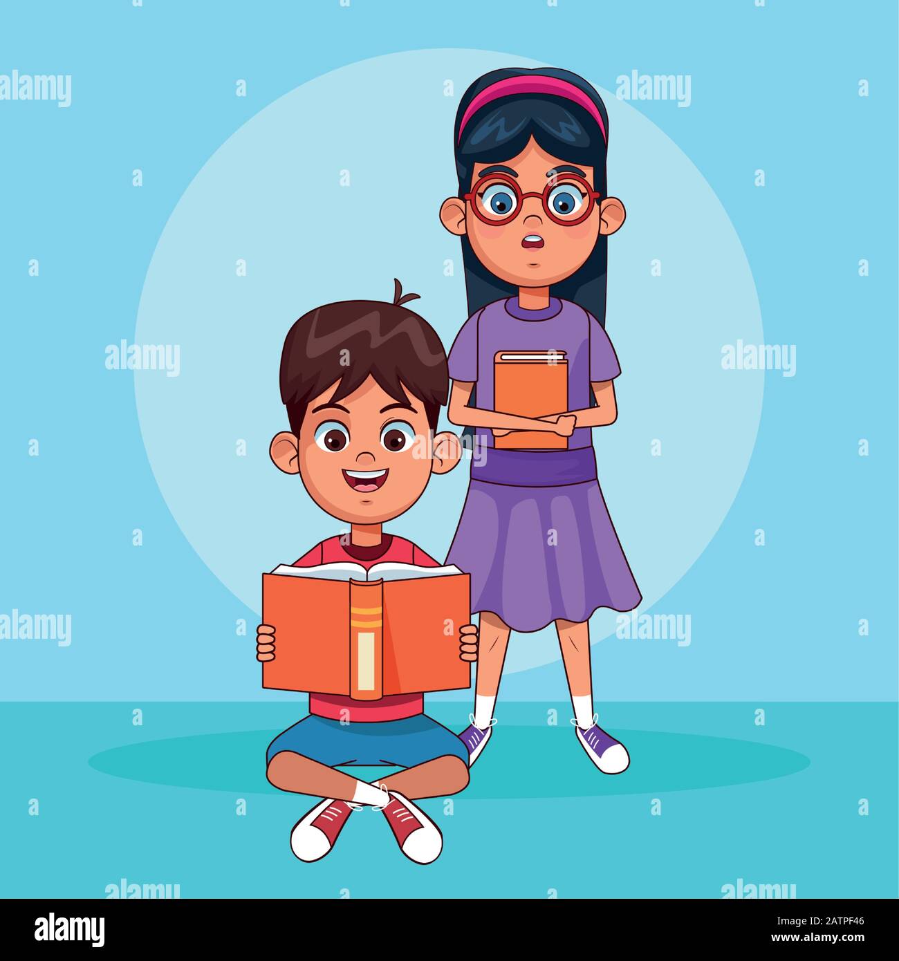 cartoon boy sitting with a book and girl standing, colorful design Stock  Vector Image & Art - Alamy