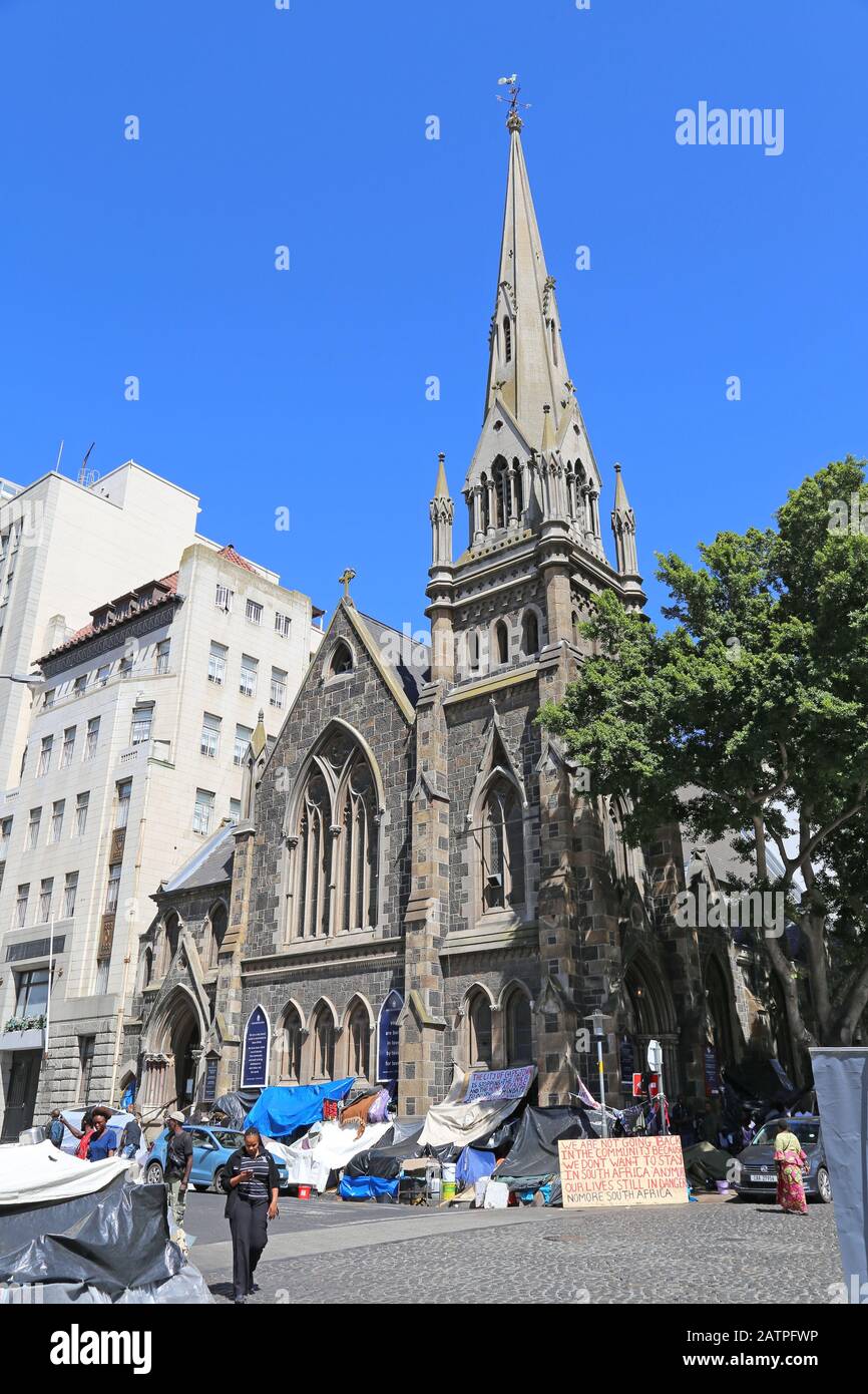 Central Methodist Mission, with squatting refugees, Greenmarket Square, CBD, Cape Town, Table Bay, Western Cape Province, South Africa, Africa Stock Photo