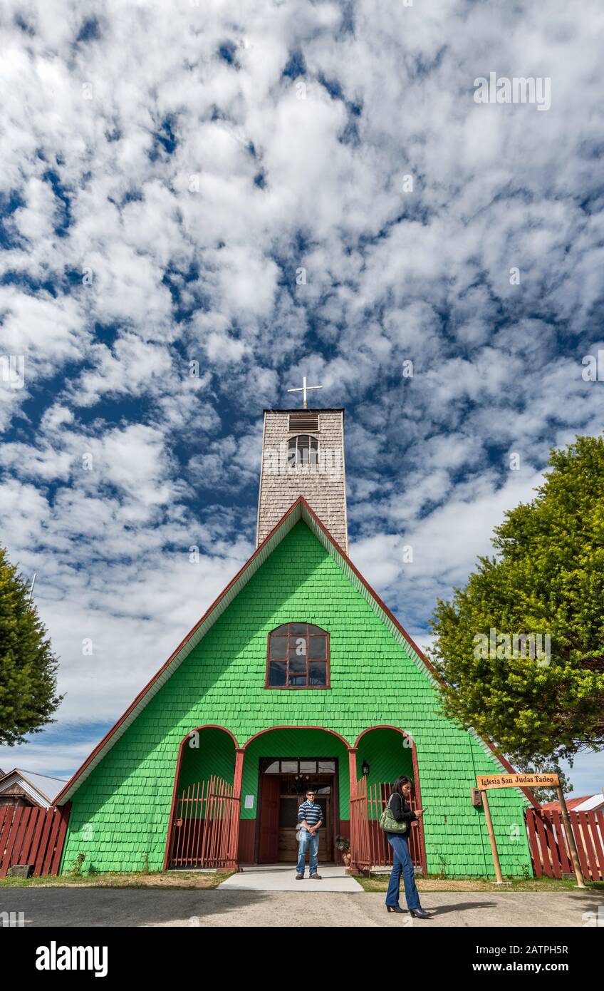 Iglesia Santo Judas Tadeo, shingled wooden church in town of Curaco de Velez at Isla Quinchao, Chiloe Archipelago, Los Lagos Region, Patagonia, Chile Stock Photo