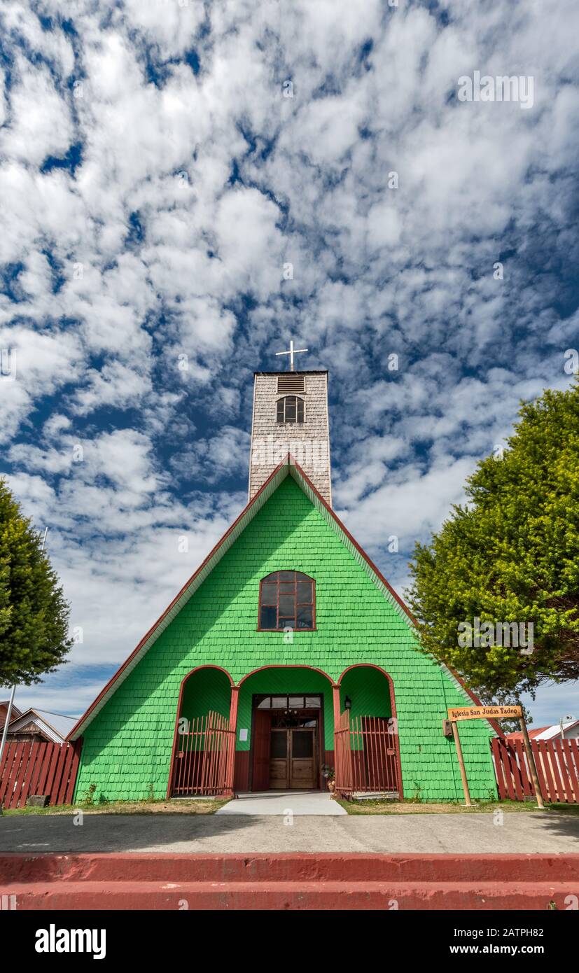 Iglesia Santo Judas Tadeo, shingled wooden church in town of Curaco de Velez at Isla Quinchao, Chiloe Archipelago, Los Lagos Region, Patagonia, Chile Stock Photo