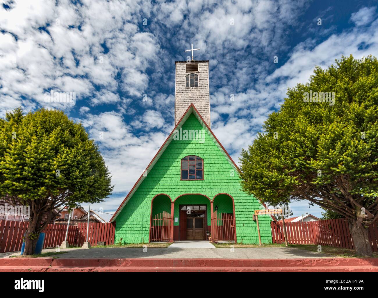 Iglesia Santo Judas Tadeo, shingled wooden church in town of Curaco de Velez at Isla Quinchao, Chiloe Archipelago, Los Lagos Region, Patagonia, Chile Stock Photo
