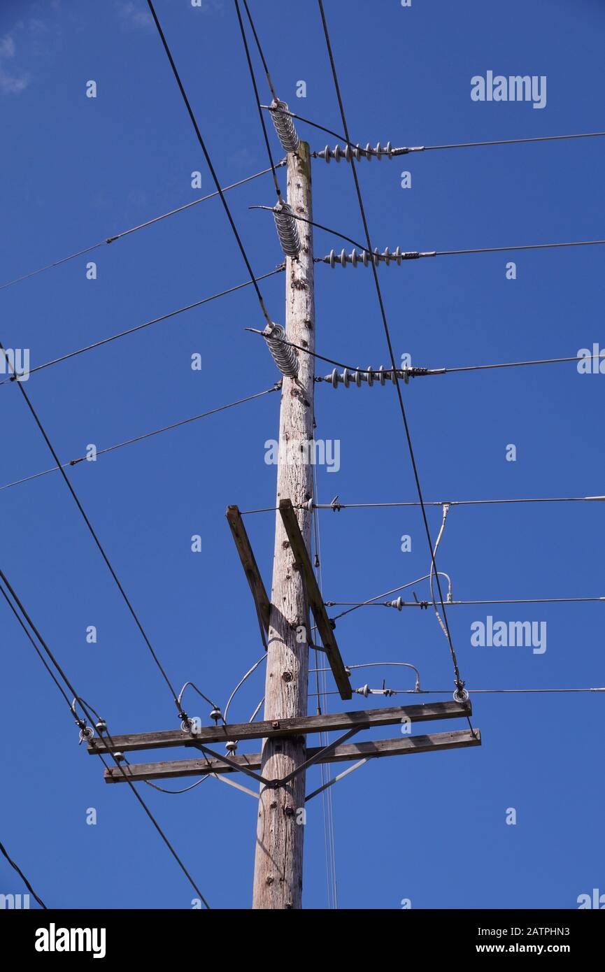 Classic wooden pole with electrical installations. USA Stock Photo - Alamy