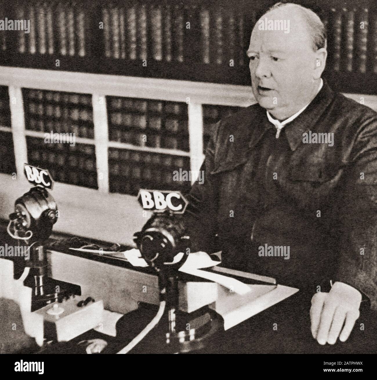 Winston Churchill making a wartime broadcast from 10 Downing Street.  Sir Winston Leonard Spencer-Churchill, 1874 – 1965. British politician, army officer, writer and twice Prime Minister of the United Kingdom. Stock Photo