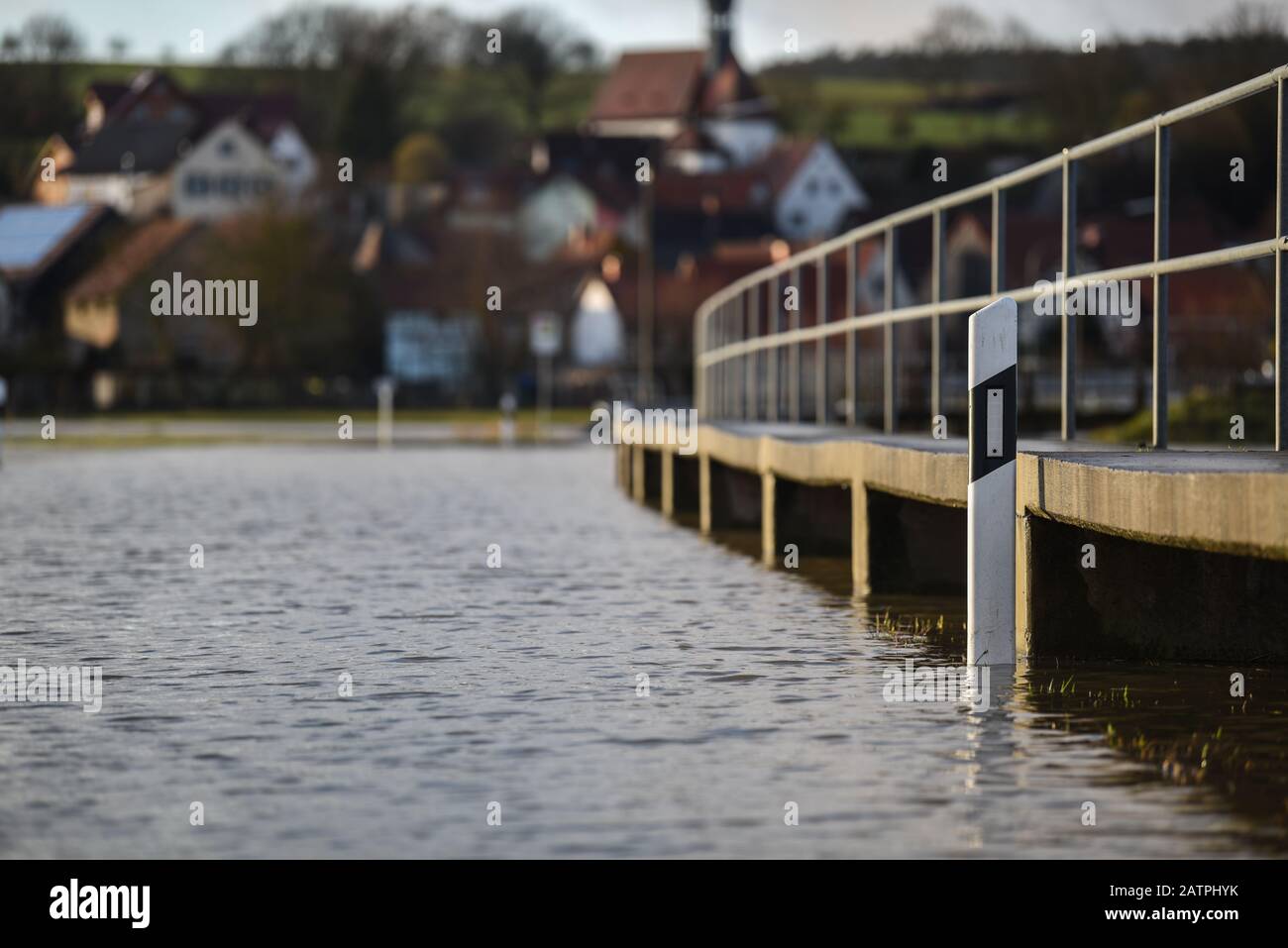 Gleusdorf, Germany. 04th Feb, 2020. Under water is the country road towards Gleisdorf. Numerous rainfalls in the last few days have caused the little river Itz to rise over its banks. Credit: Nicolas Armer/dpa/Alamy Live News Stock Photo