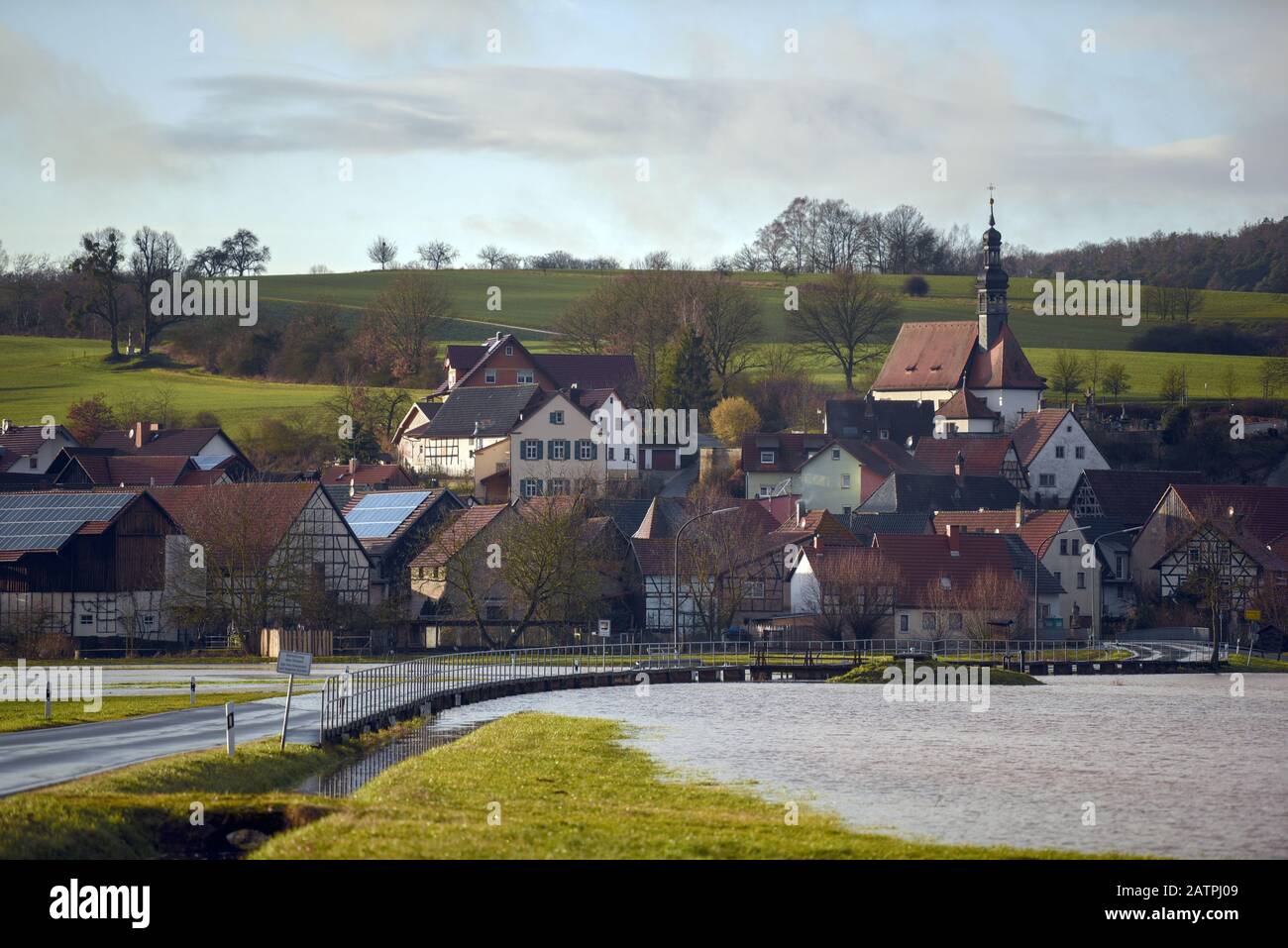 Gleusdorf, Germany. 04th Feb, 2020. Under water is the country road towards Gleisdorf. Numerous rainfalls in the last few days have caused the little river Itz to rise over its banks. Credit: Nicolas Armer/dpa/Alamy Live News Stock Photo