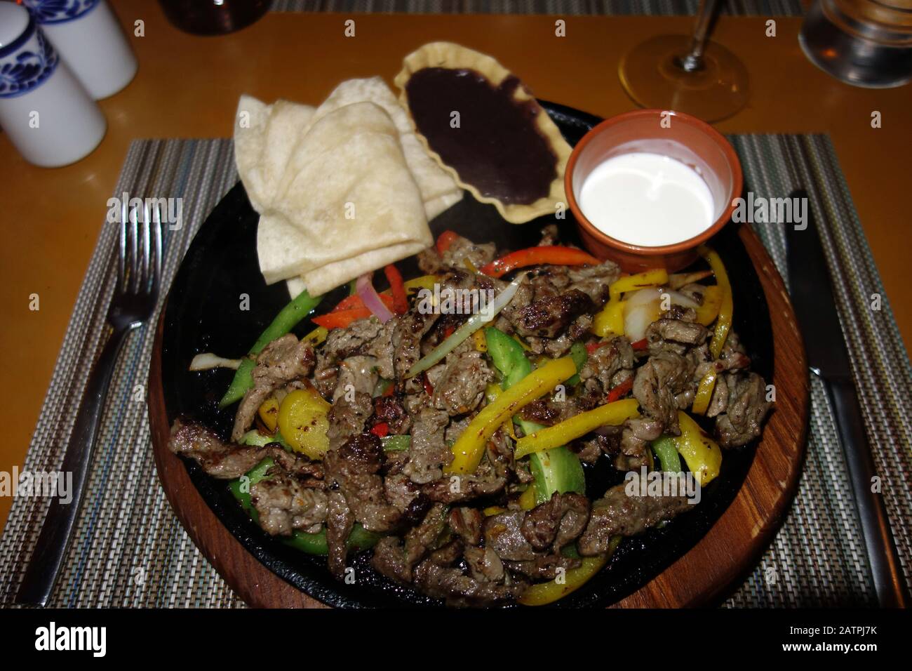 Beef Steak Fajita with Tortillas, Sour Cream u0026 Salsa in Zocalo Mexican  Restaurant at the Azul Beach Resort Hotel, Puerto Morelos, Riviera Maya,  Cancun Stock Photo - Alamy