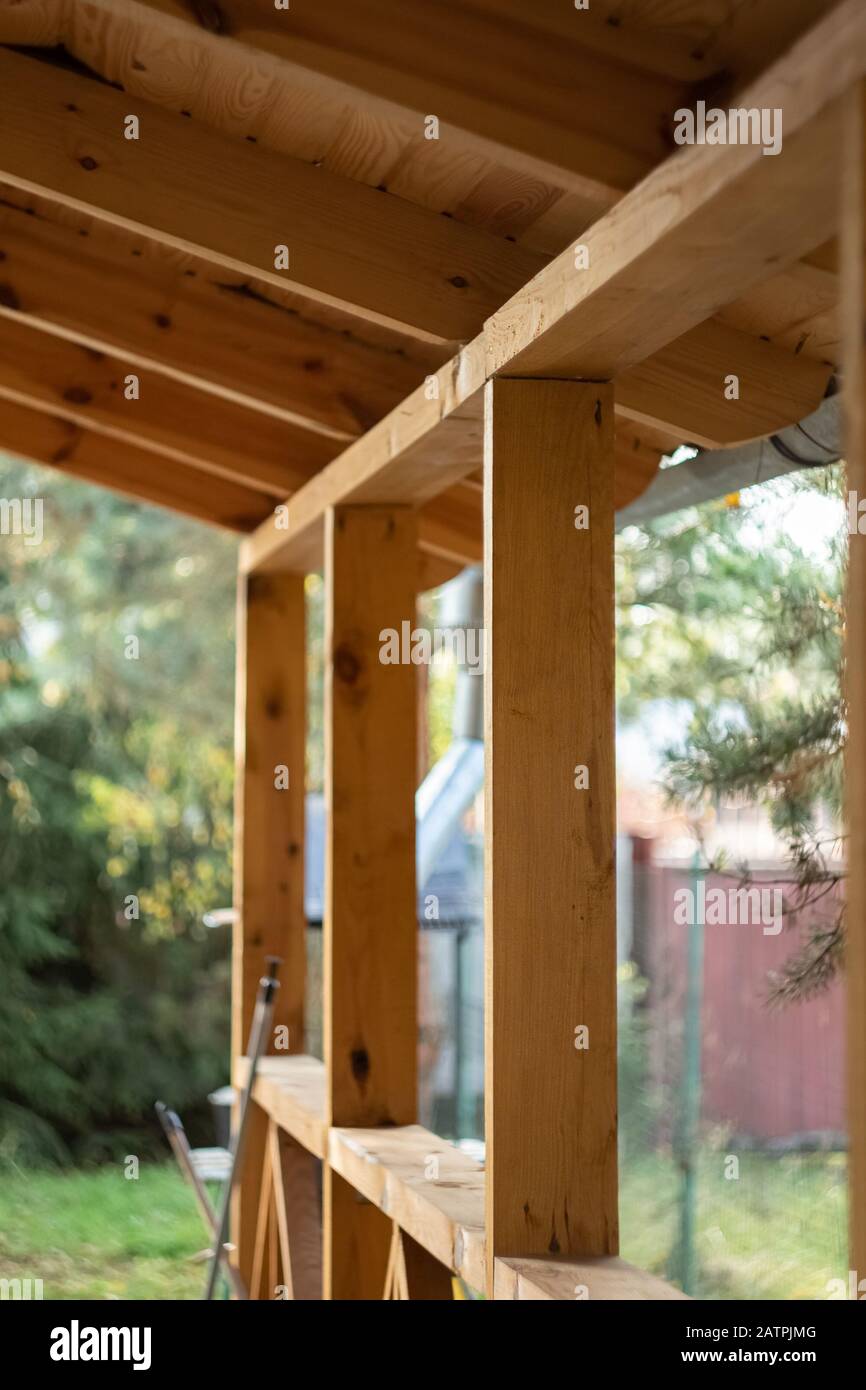 Terrace of wooden house. Elements of wooden terrace close-up Stock ...