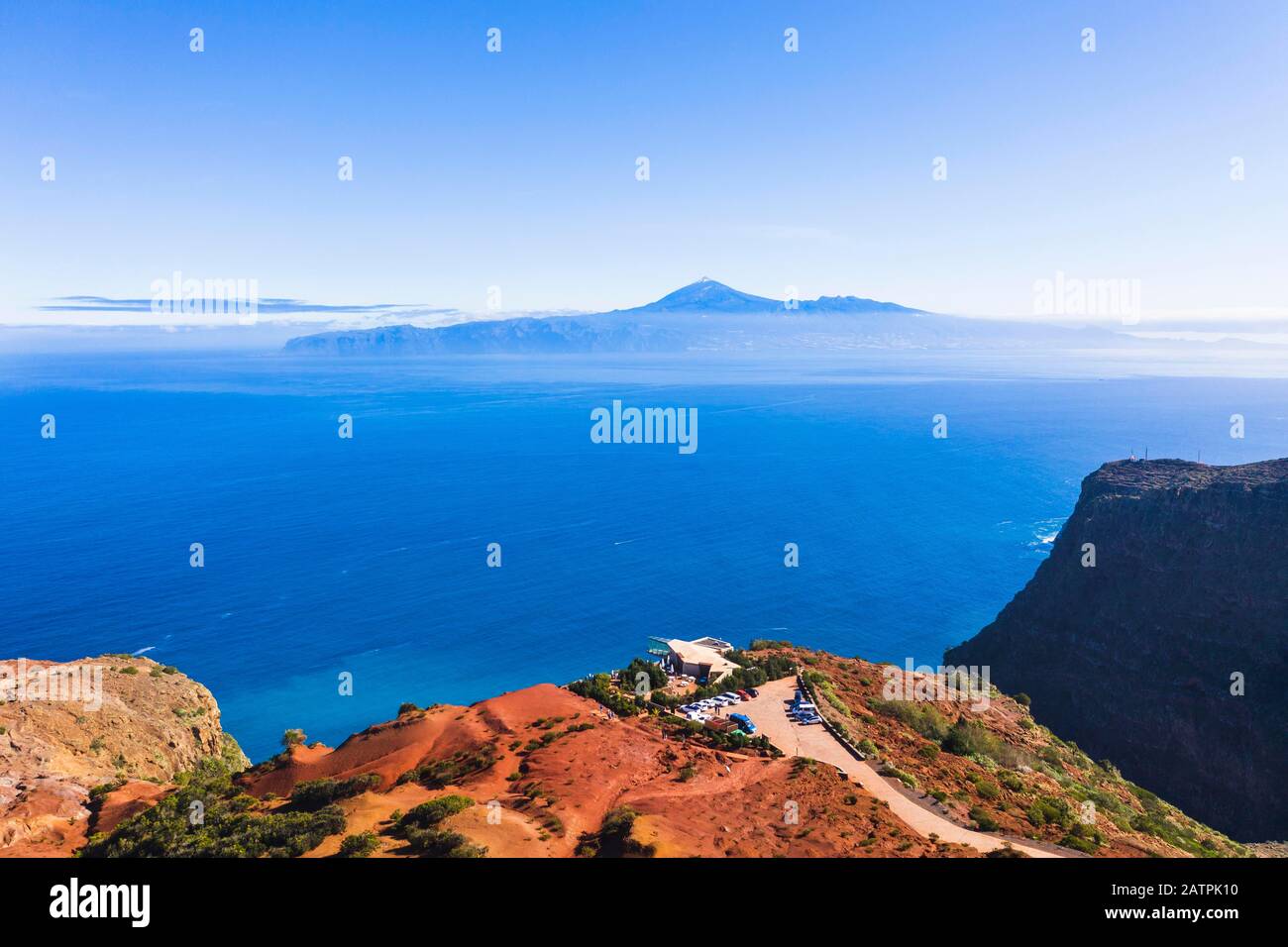 Viewpoint Mirador de Abrante with Skywalk, behind Tenerife, near Agulo, drone picture, La Gomera, Canary Islands, Spain Stock Photo