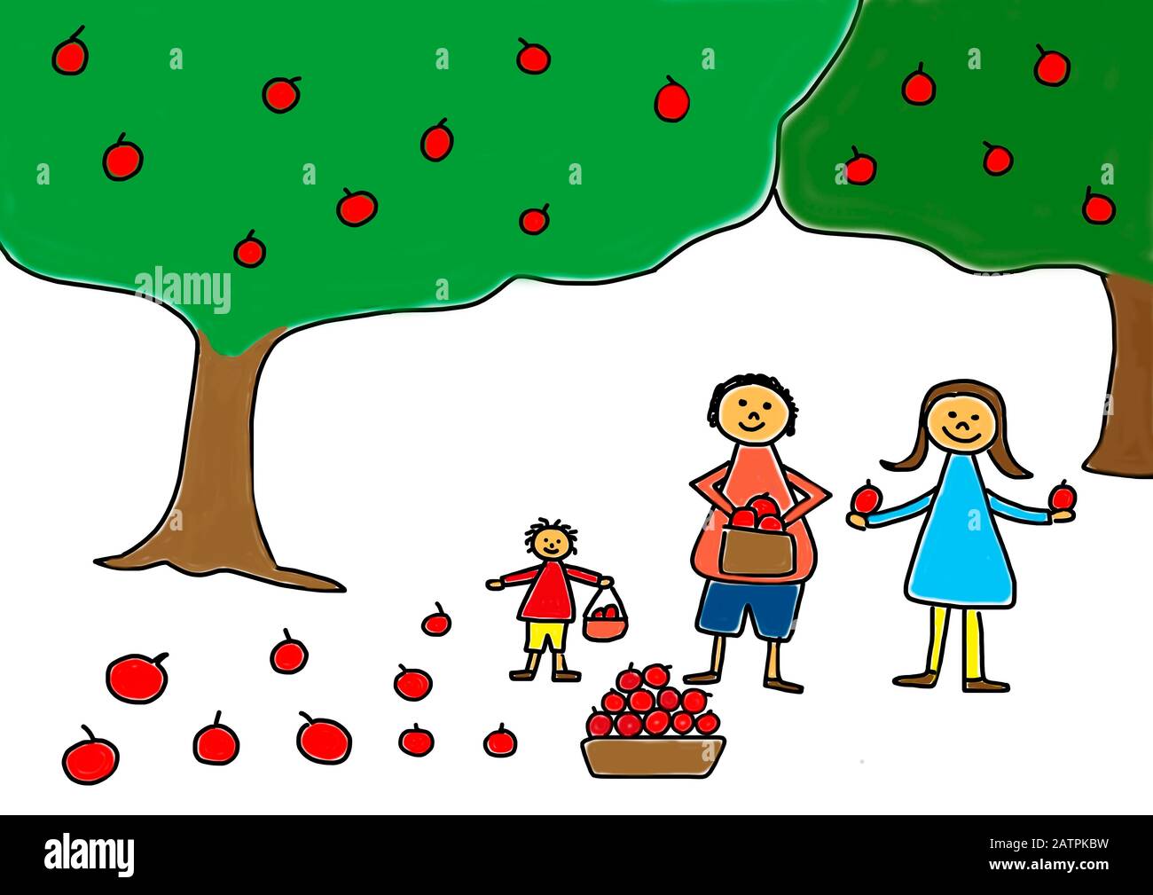 Naive illustration, children's drawing, family in the garden during apple harvest, Germany Stock Photo