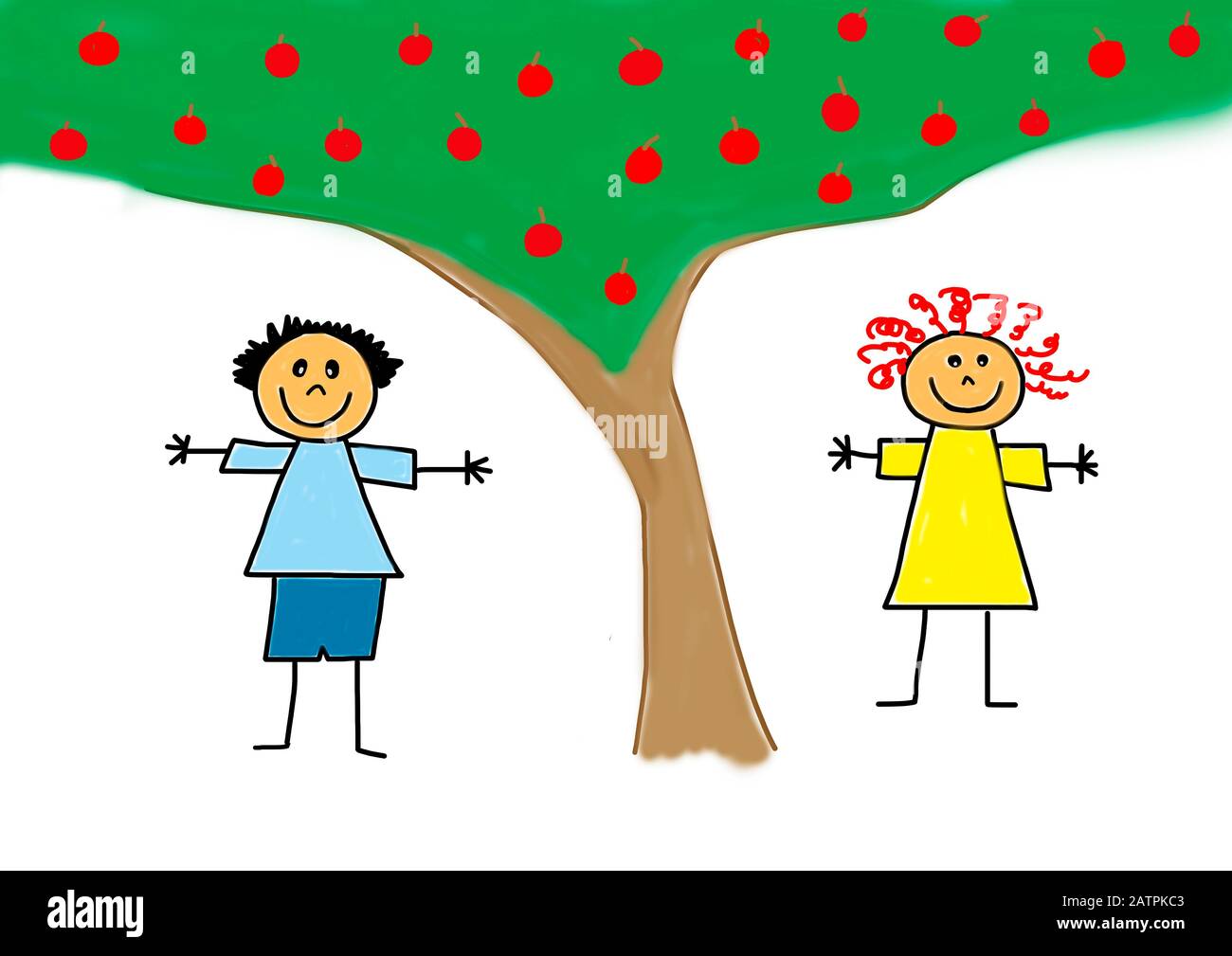 Naive illustration, Children's drawing, Two happy children standing under an apple tree, Germany Stock Photo