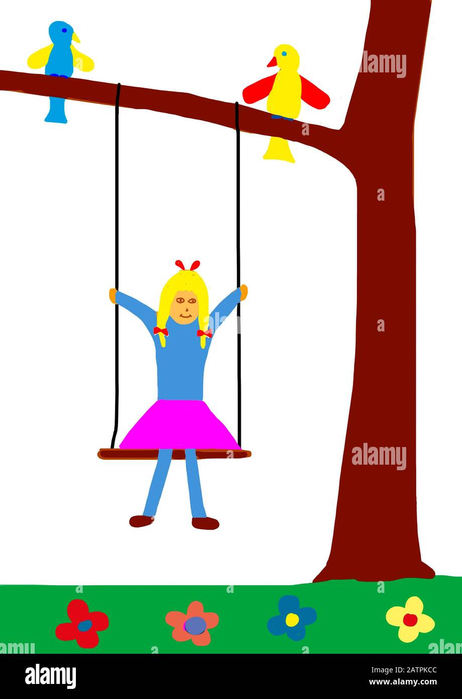 Naive Illustration Children S Drawing Girl Sitting On A Swing In