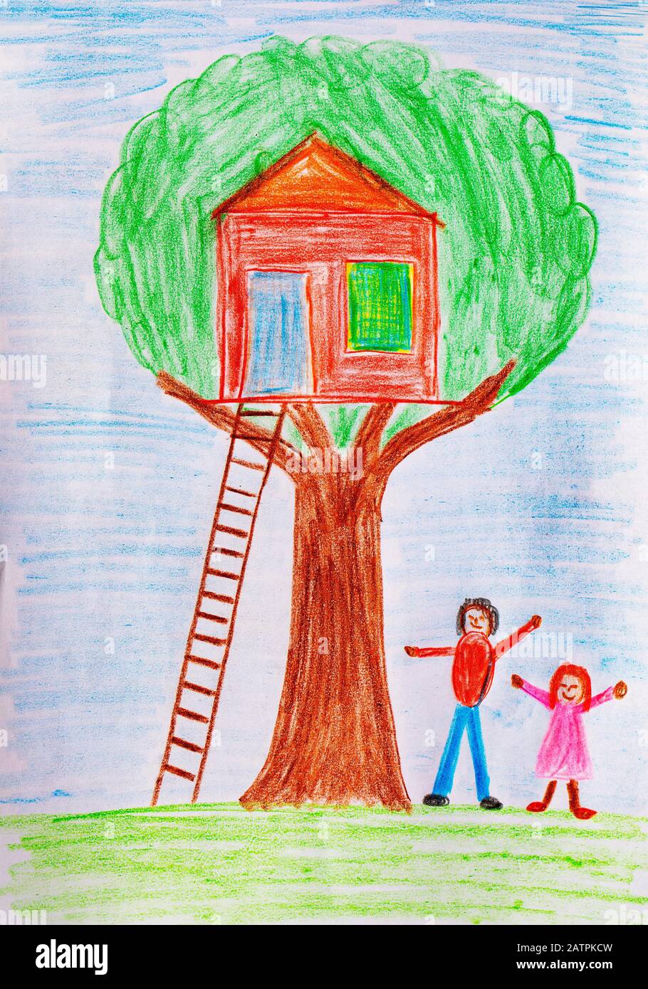 Naive illustration, children's drawing, tree house, Germany Stock ...